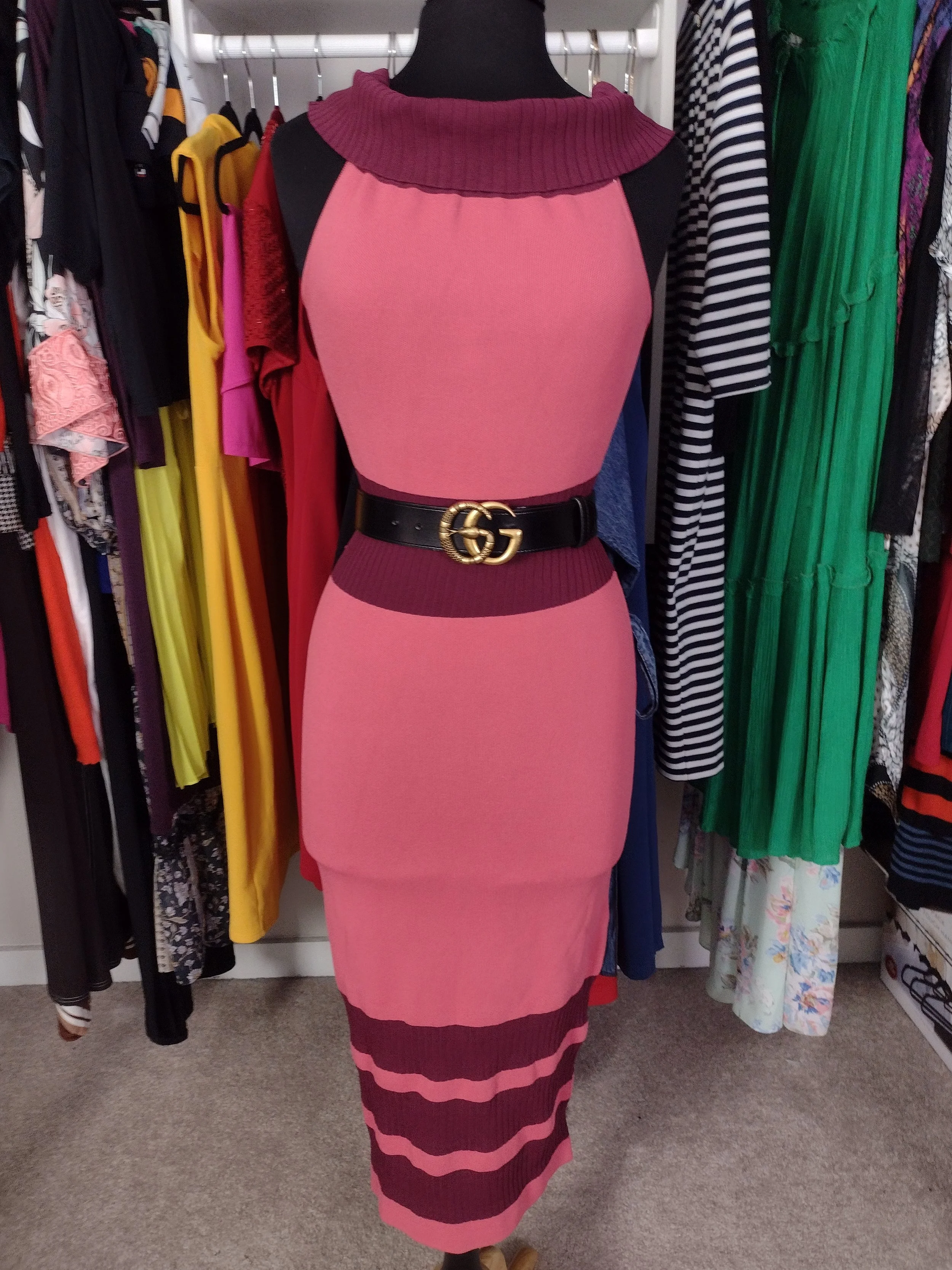 Eva Mendez Colorblock coral/burgundy Sweater Dress Size M 8/10