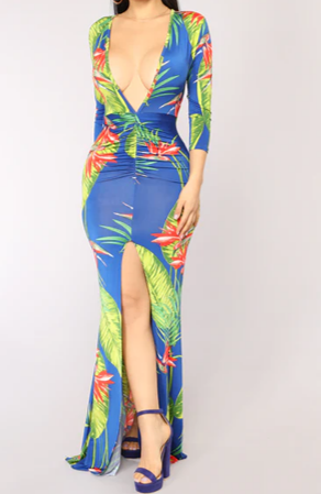 NEW Blue Floral Deep V Dress Size L