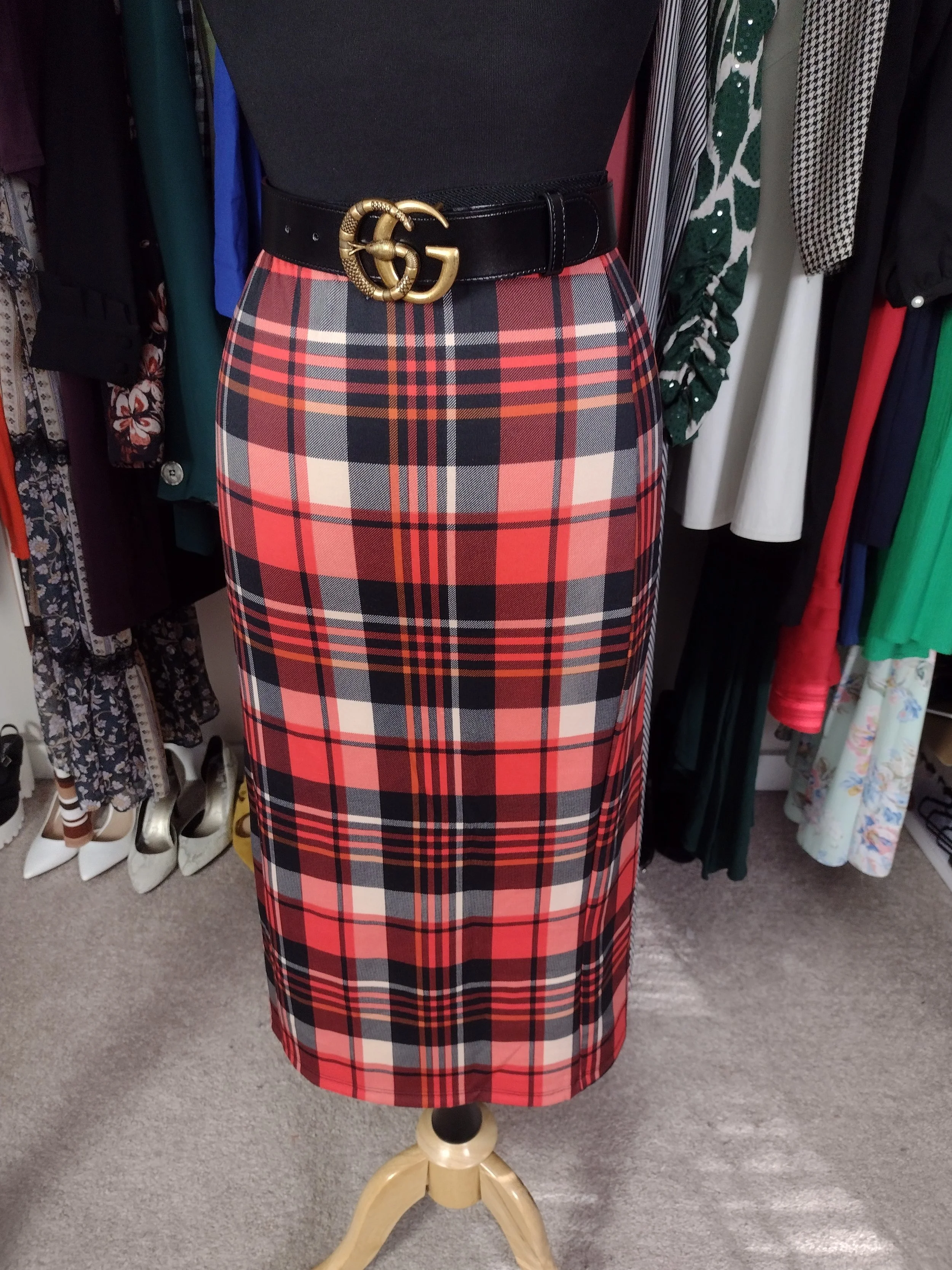 Red Multicolor Plaid Pencil Skirt Size L
