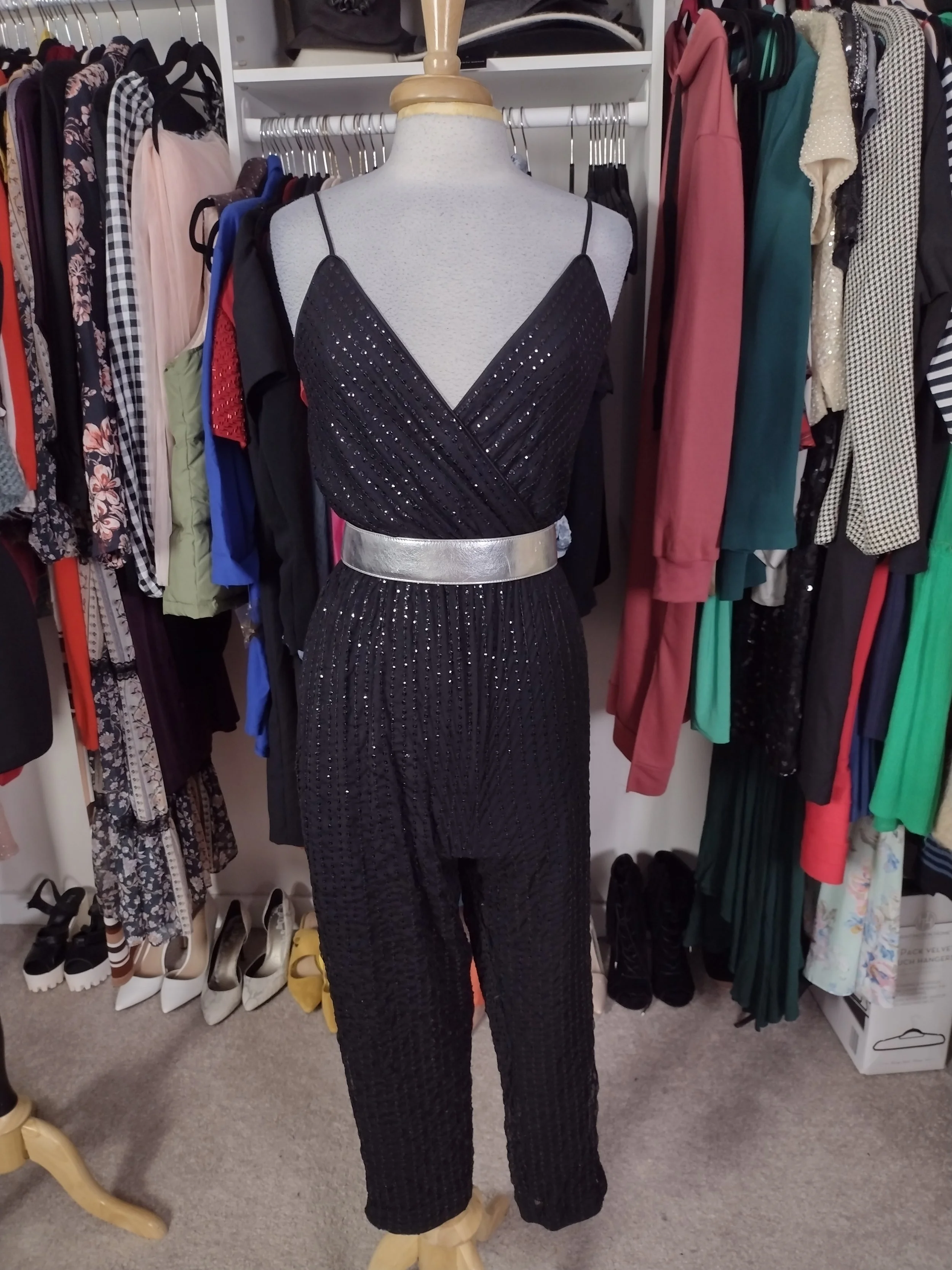 Black Sequin Criss Cross Jumpsuit Size M up to size 8/10
