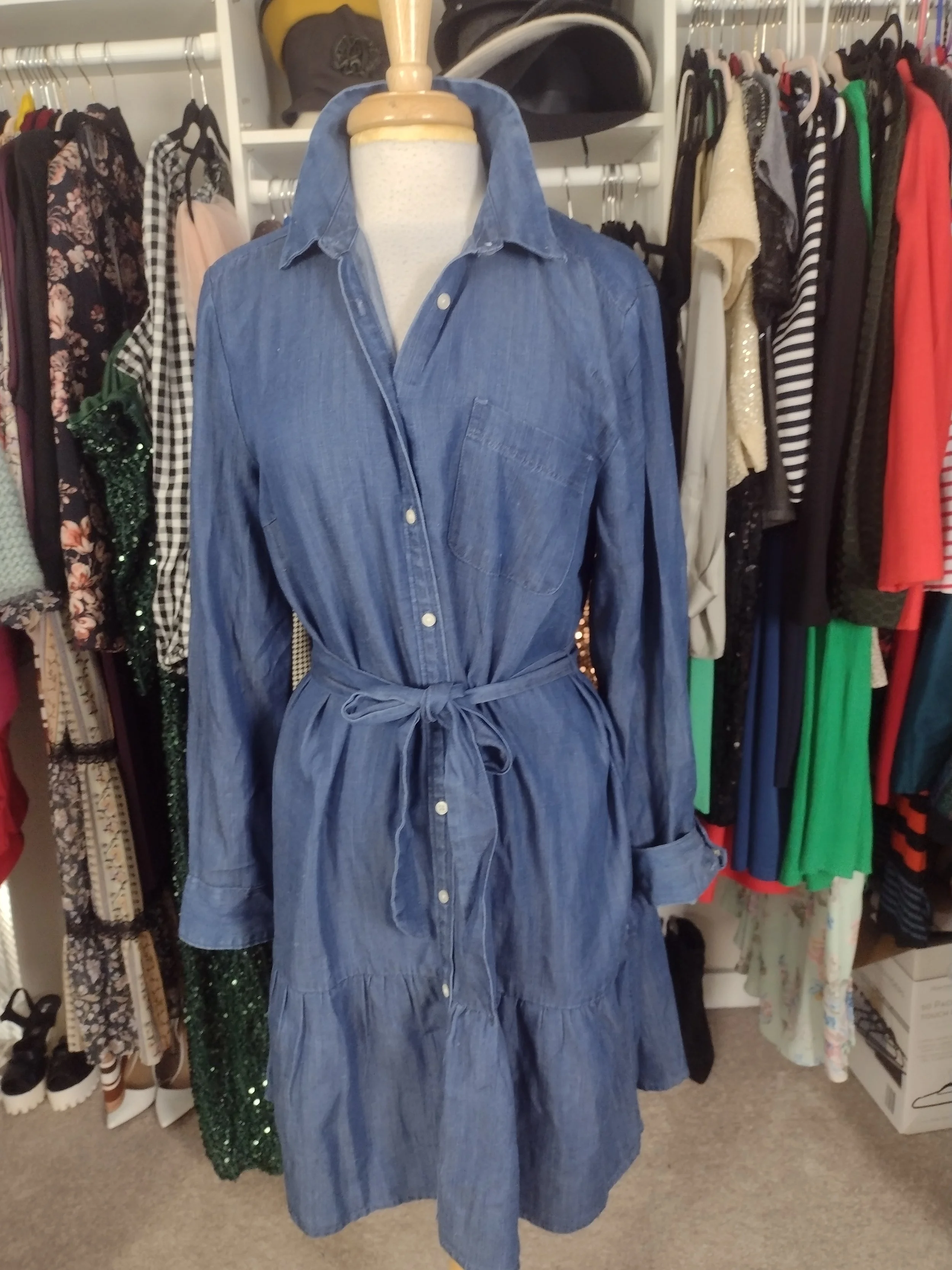 NEW LOFT Denim Babydoll Dress with belt Size L