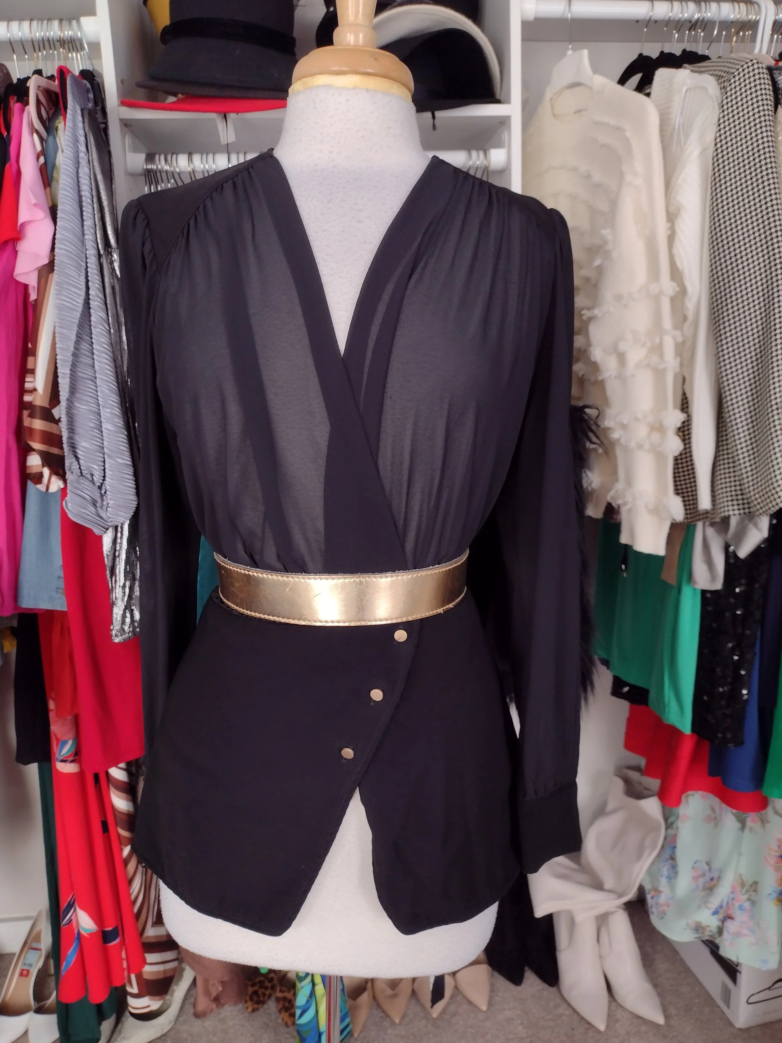 Black Sheer Blouse with Gold Buttons Size Large