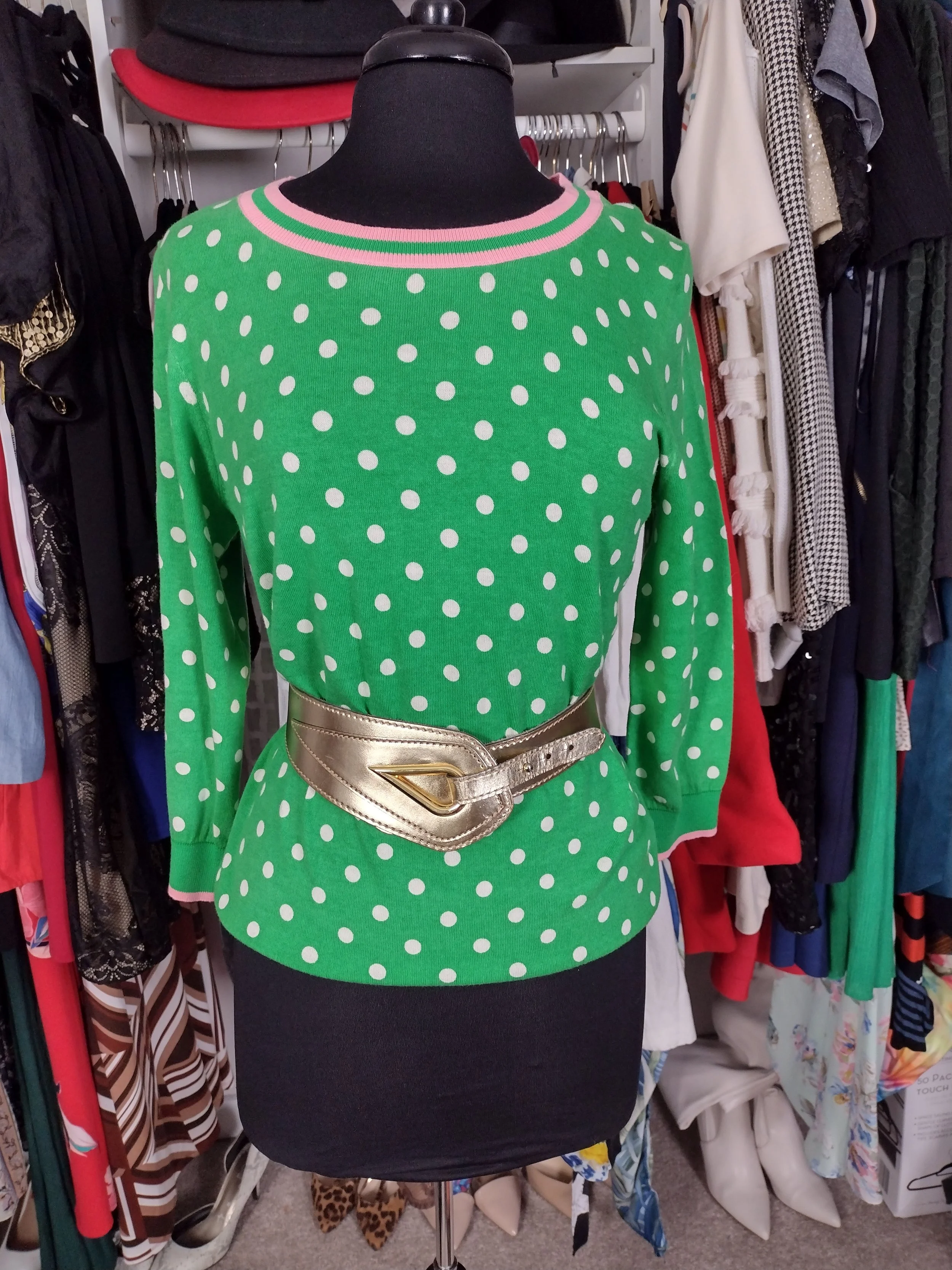 J Crew Pink,Green and white polka Dot Sweater Size L