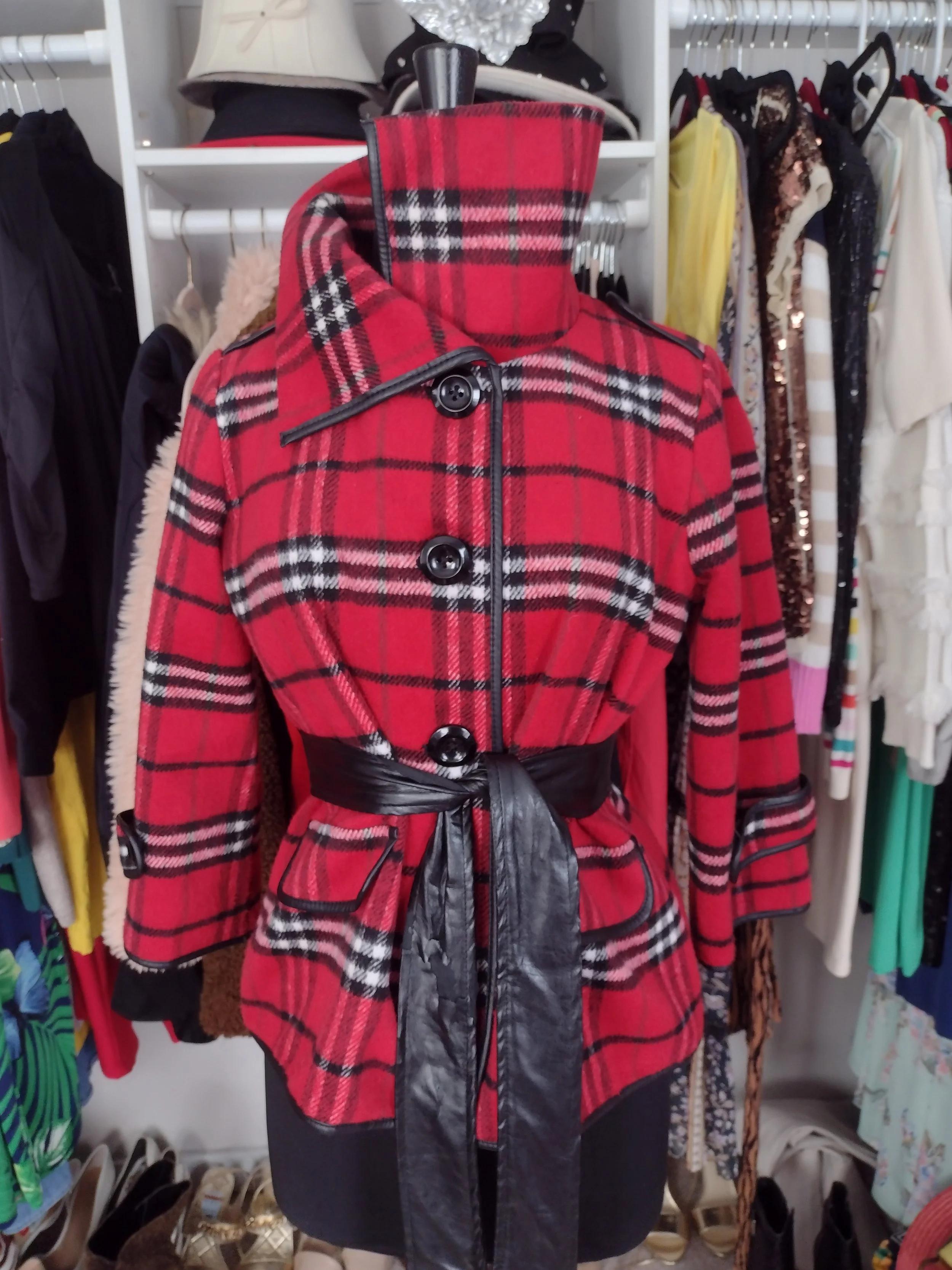 Red Plaid Jacket with vegan leather piping Size Medium