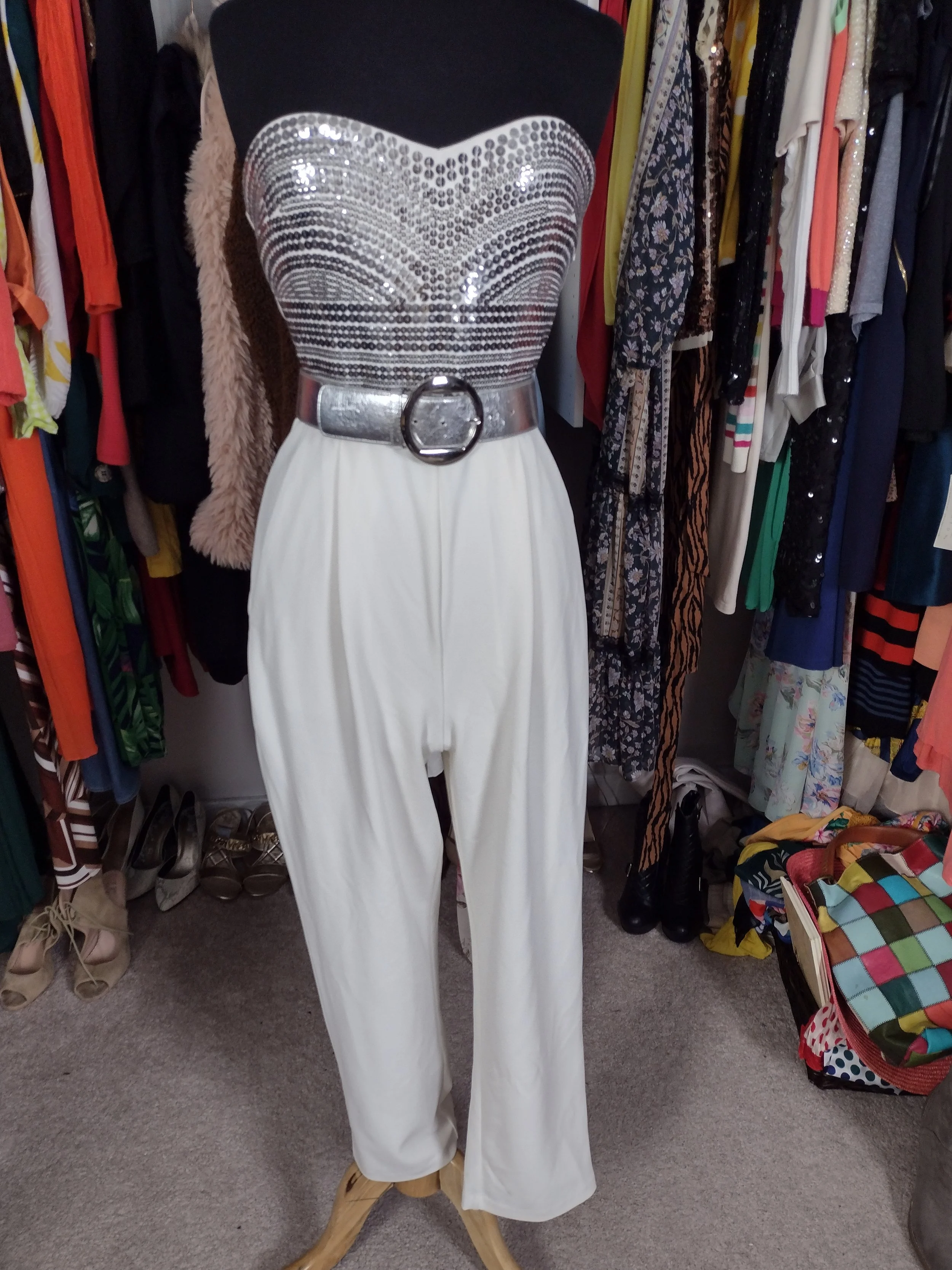 Express Silver and Cream Jumpsuit Size S/M
