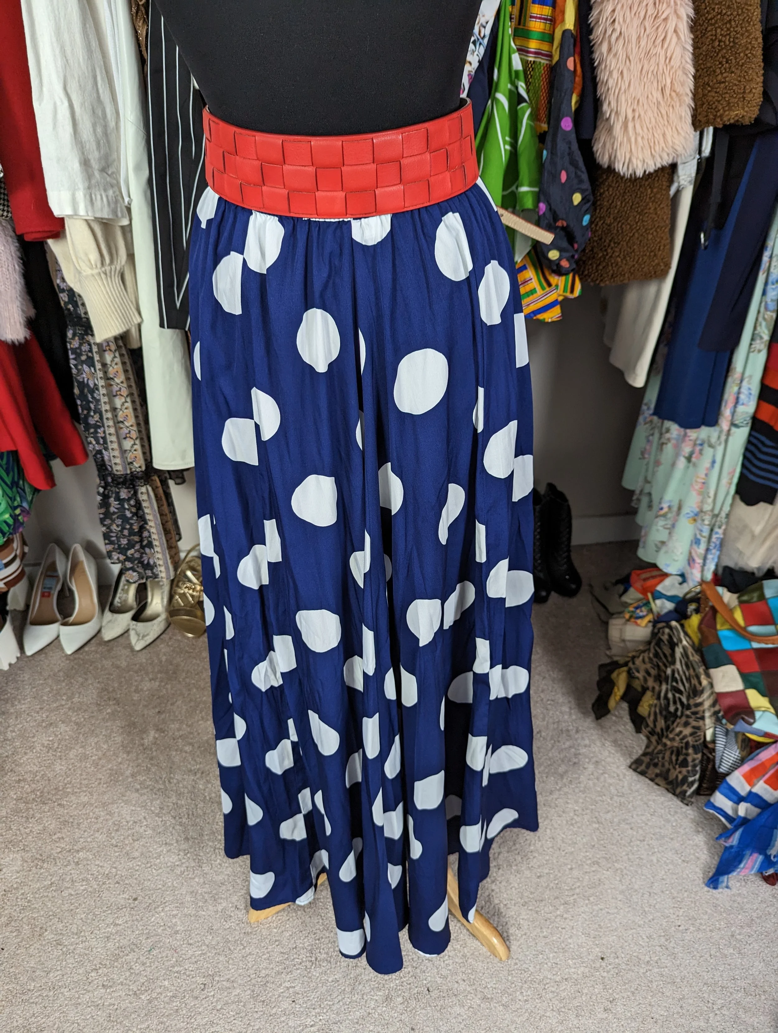 Blue and White Polka Dot Skirt Size L