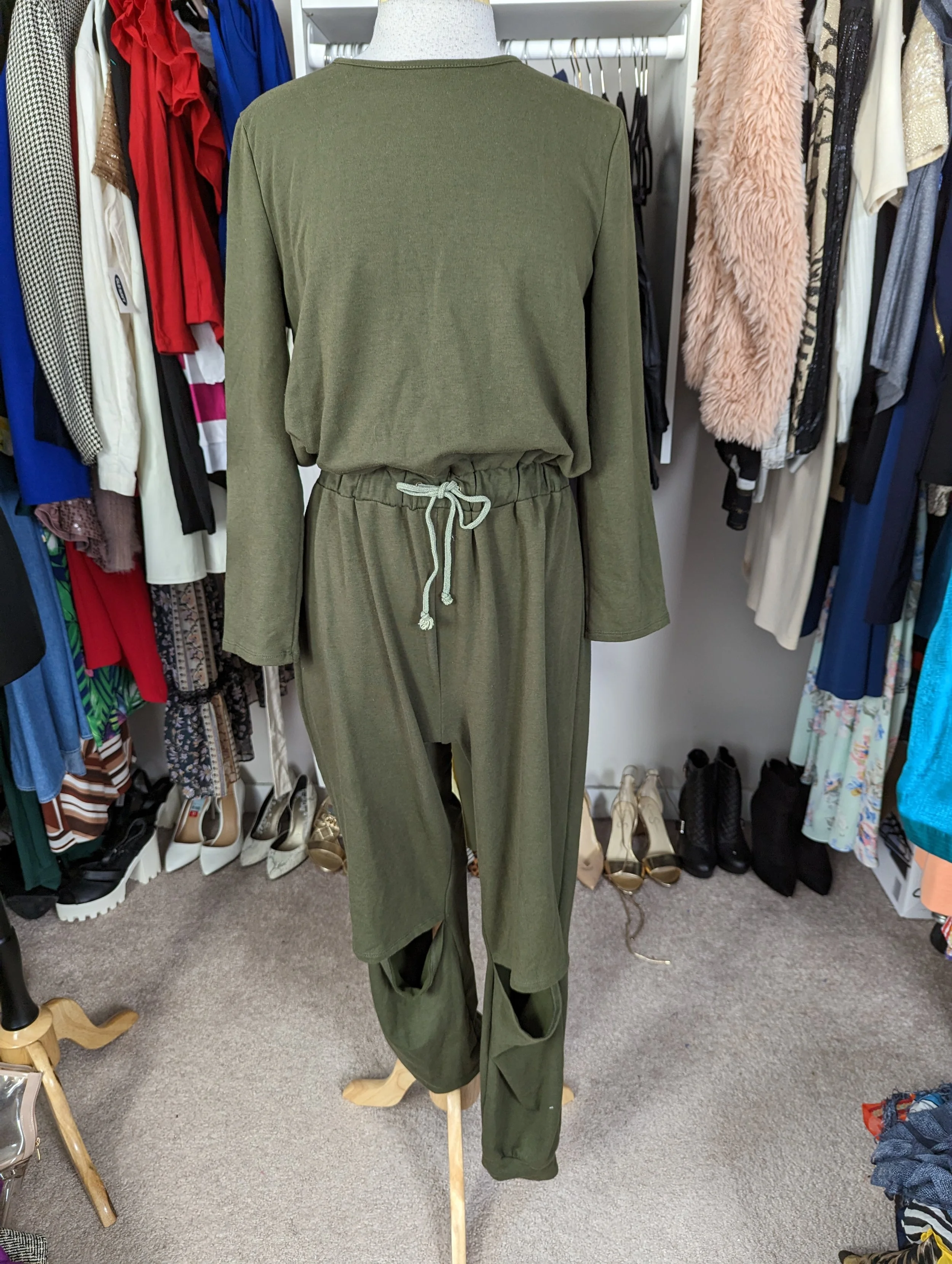 Fashion Nova Olive Jumpsuit with Open Knees Size L