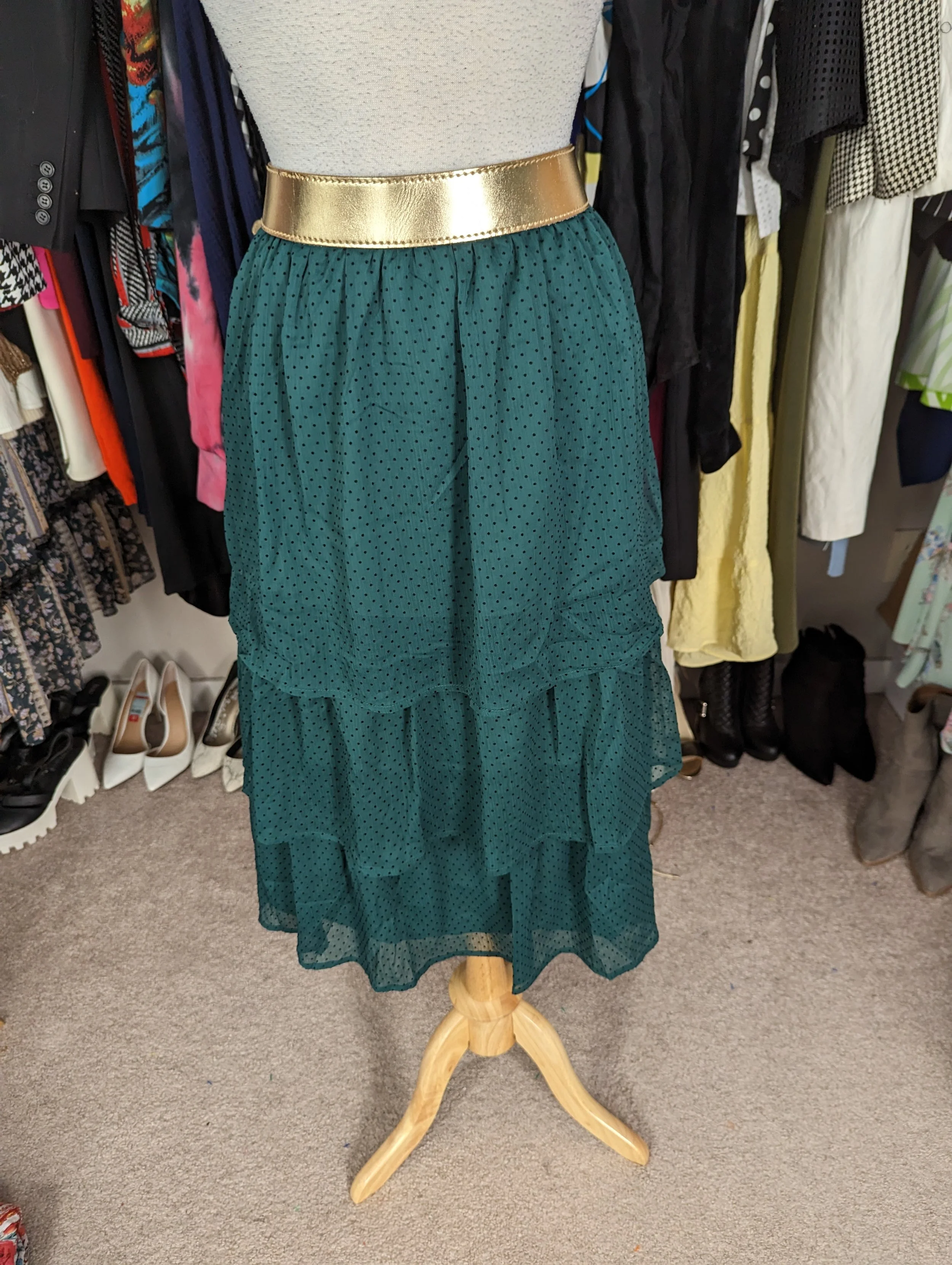 New J Crew Green and Black Tiered Polka Dot Skirt Size L
