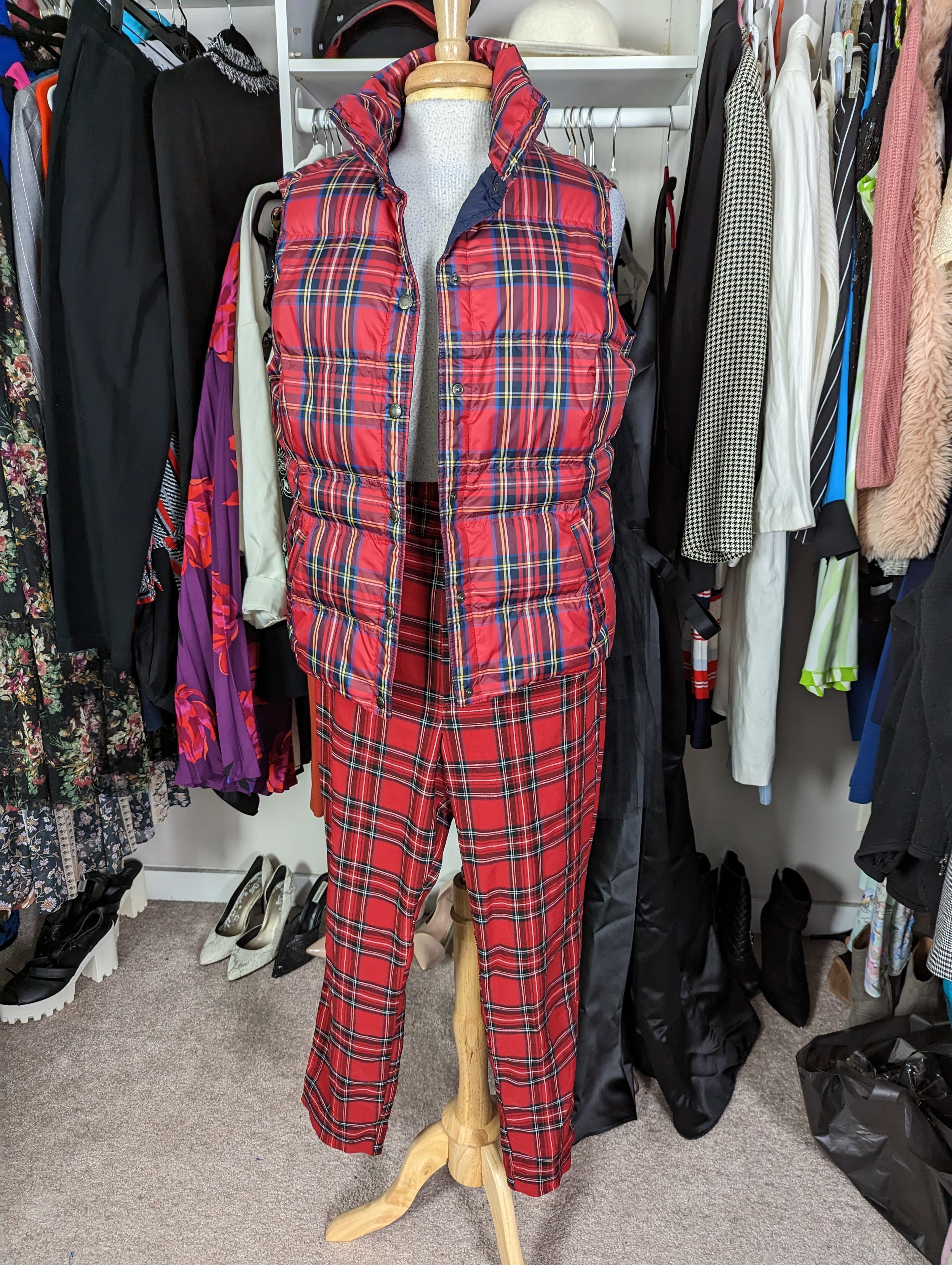 Lands End Red Plaid Vest Size LP