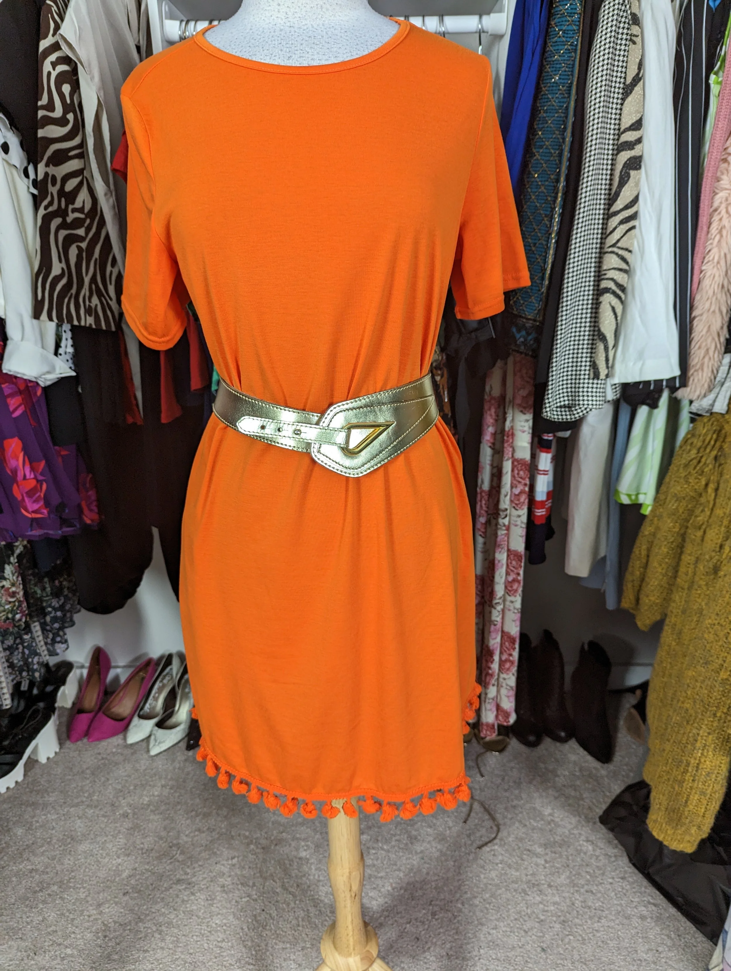 Orange Pocket Pom Pom Hem Dress Size L