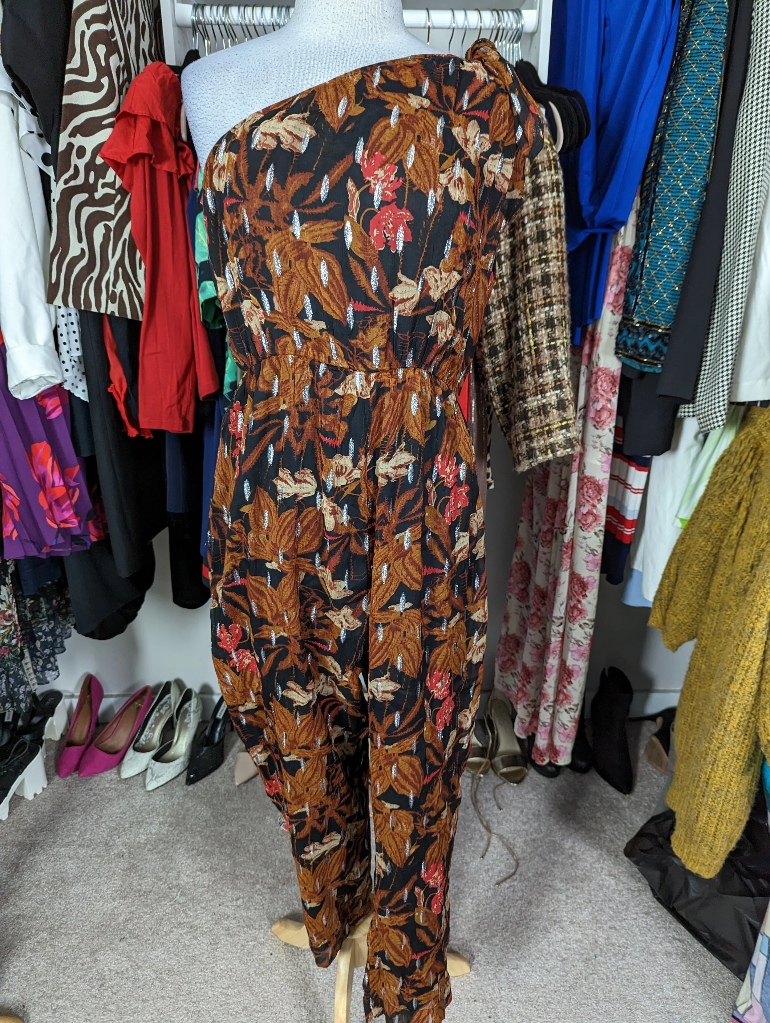 Anthropologie One Shoulder Floral Metallic Jumpsuit Size 12/14