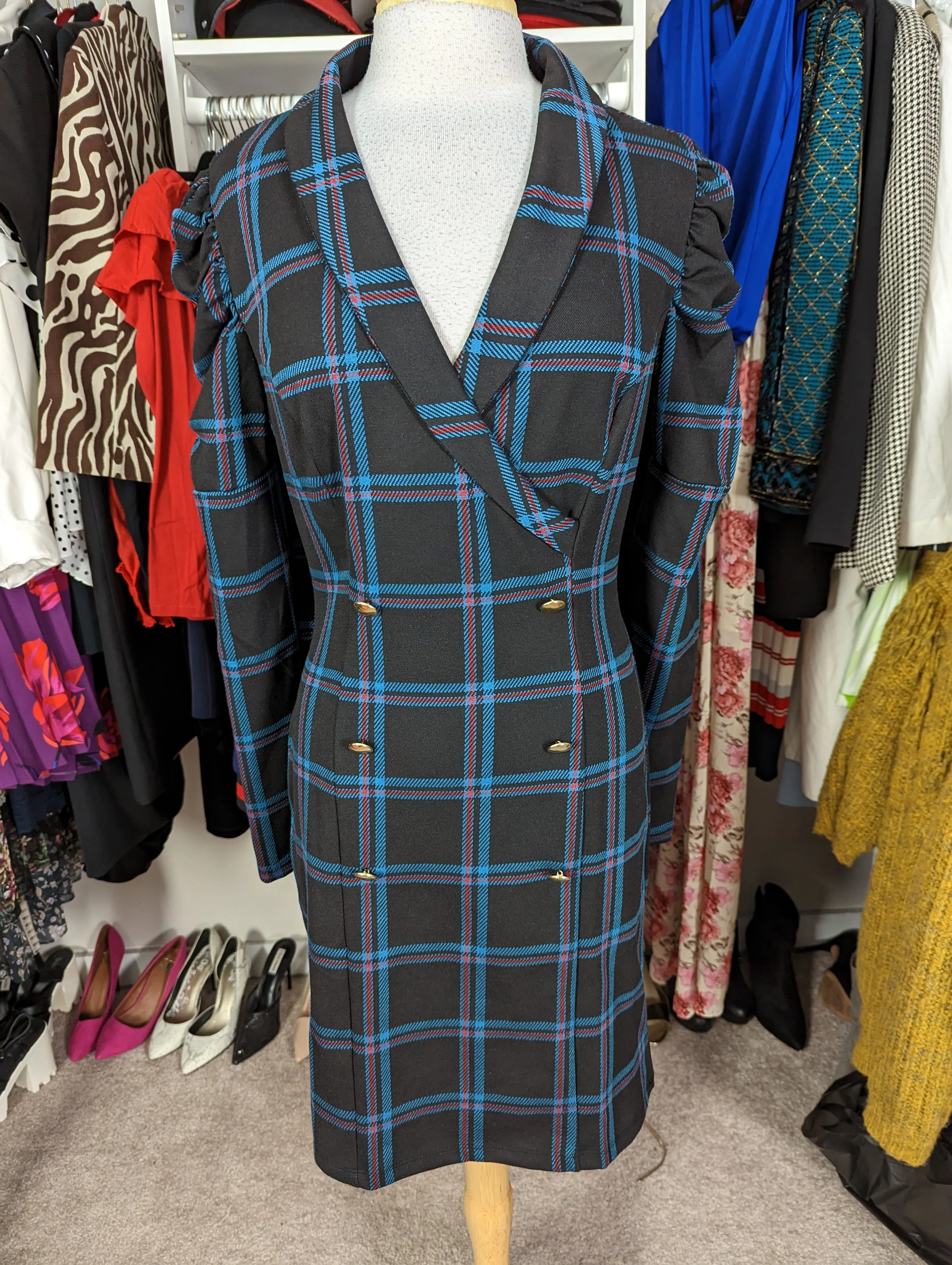 NEW Venus Black, Blue and Red Plaid Blazer  Dress Size M
