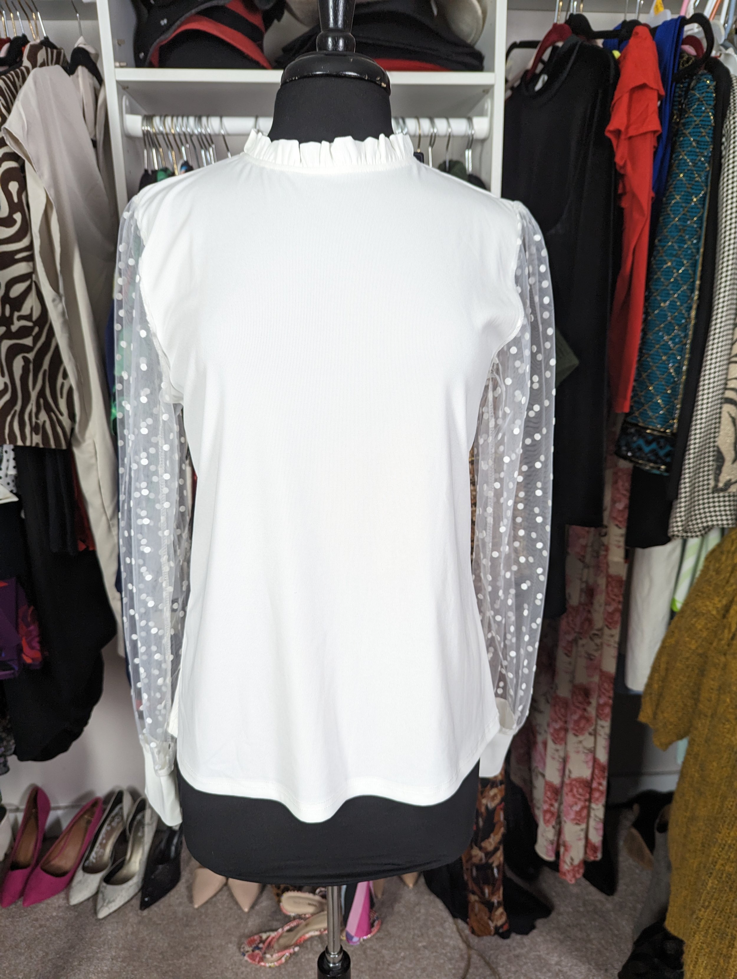 NEW White Sheer Polka Dot Sleeve Top Size L