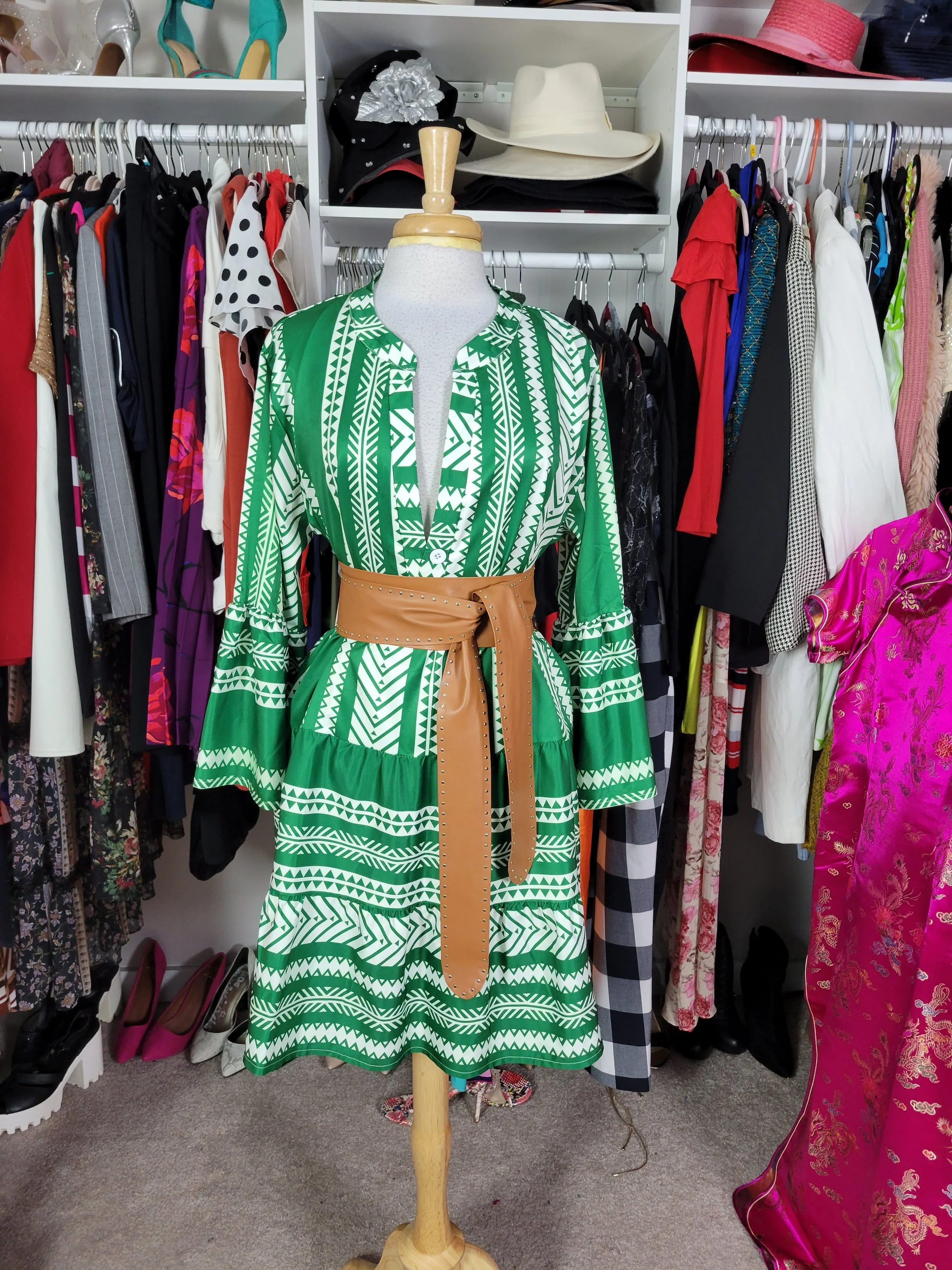 New Green and white print dress-XL