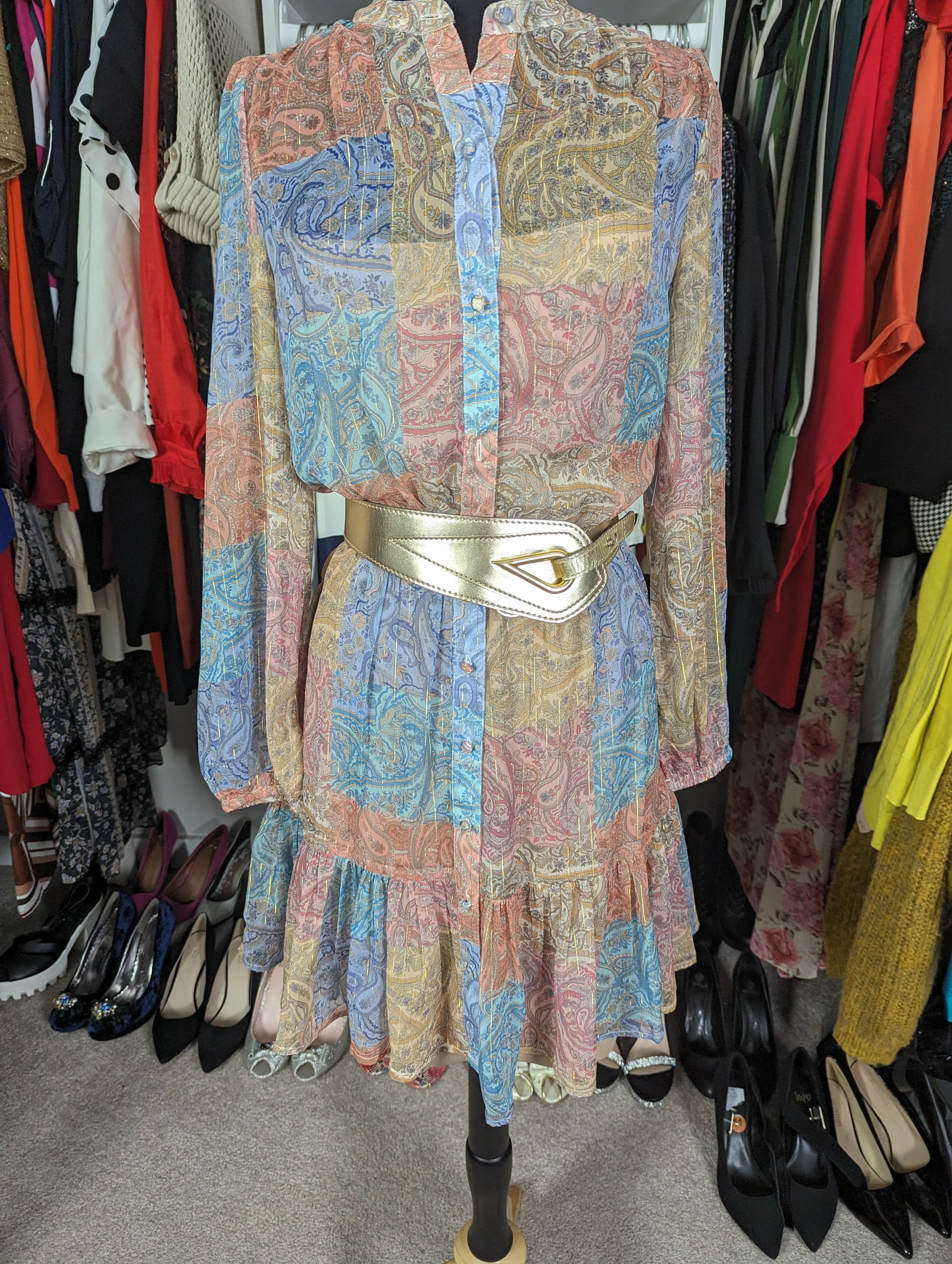 NEW Boston Properties Sheer Gold Ruffle Hem Dress Size S/M