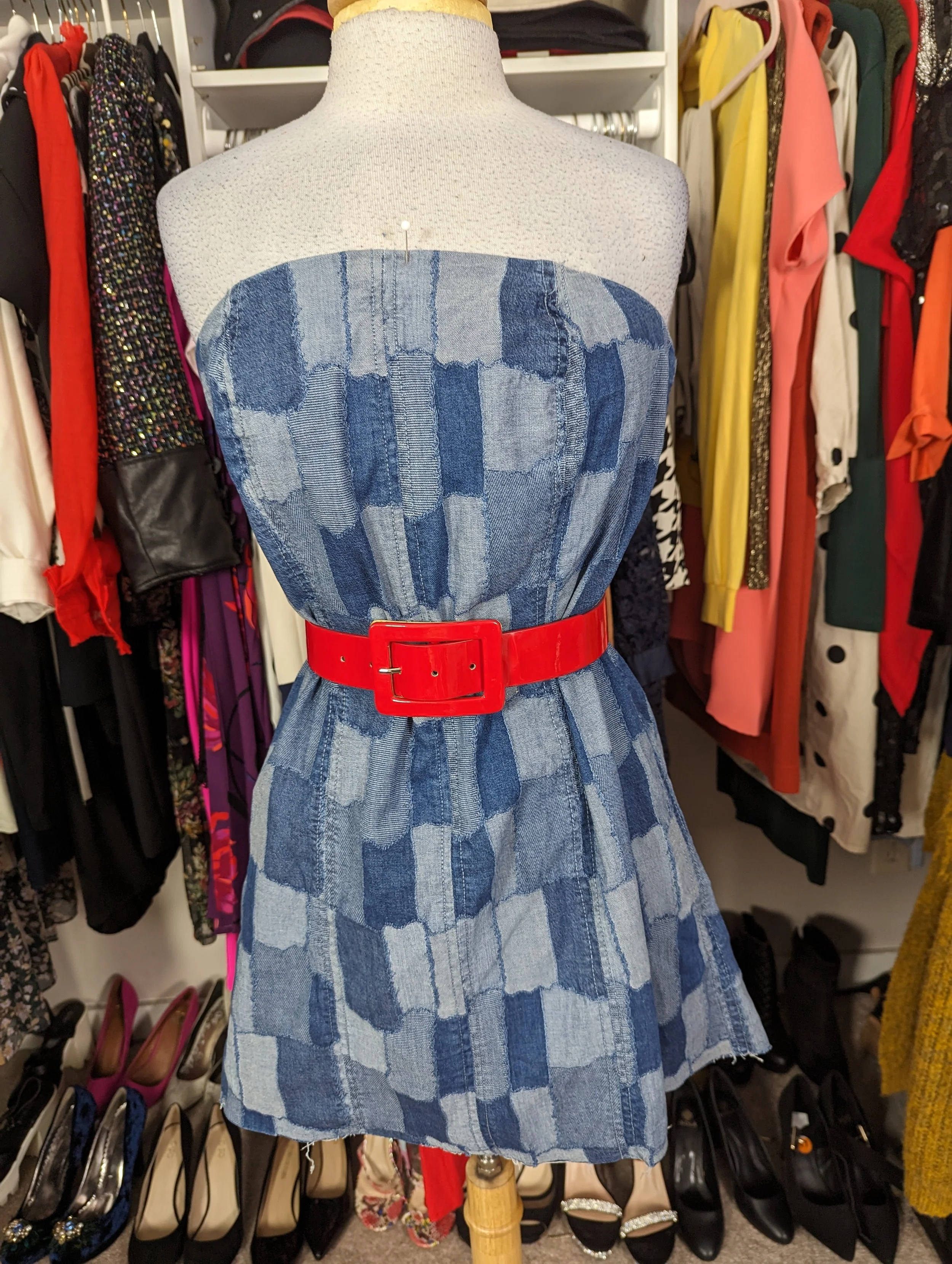 Denim Patchwork Strapless Dress Size L 12/14