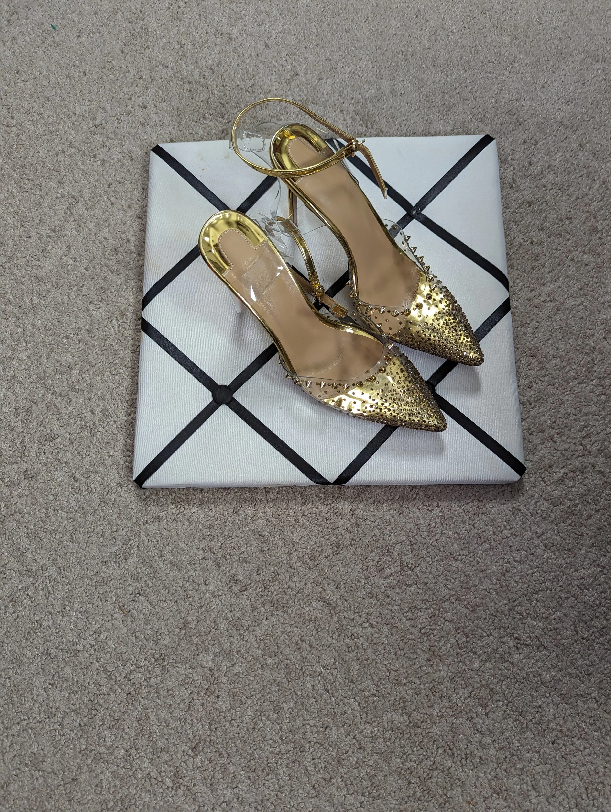 Clear Gold Spike Heels Size 10-10.5