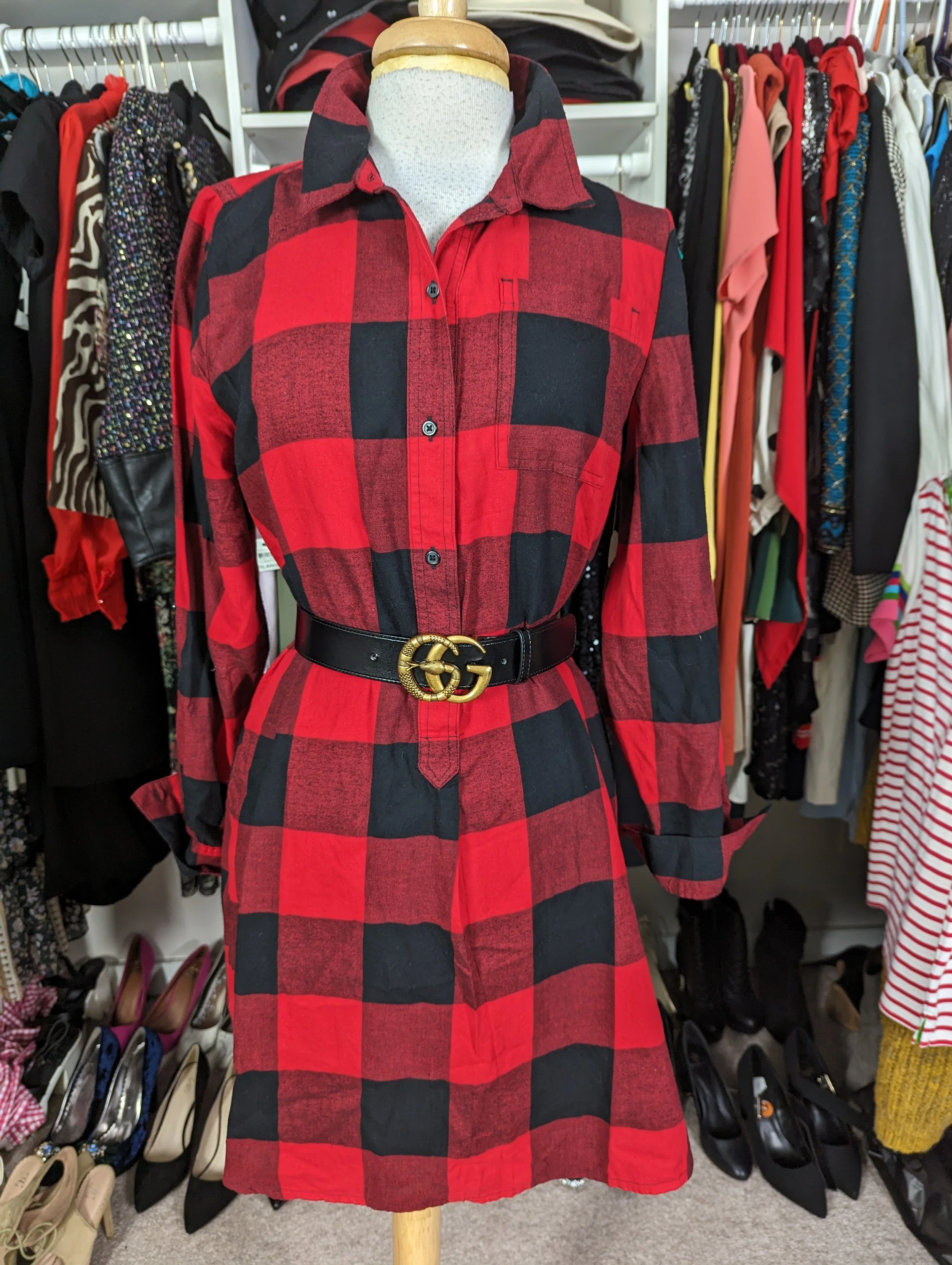 New Red and Black  Buffalo Plaid Shirt Dress Size L