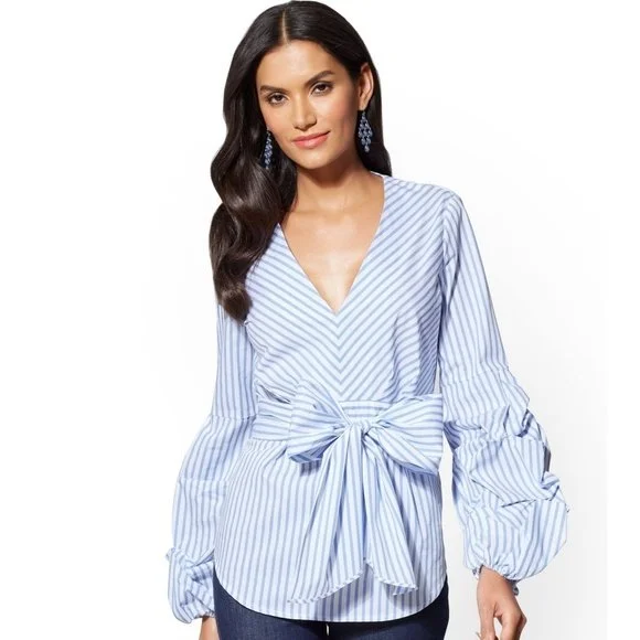 New York & Co. Stripe Blue & White Ruffle Sleeve Blouse -8/10