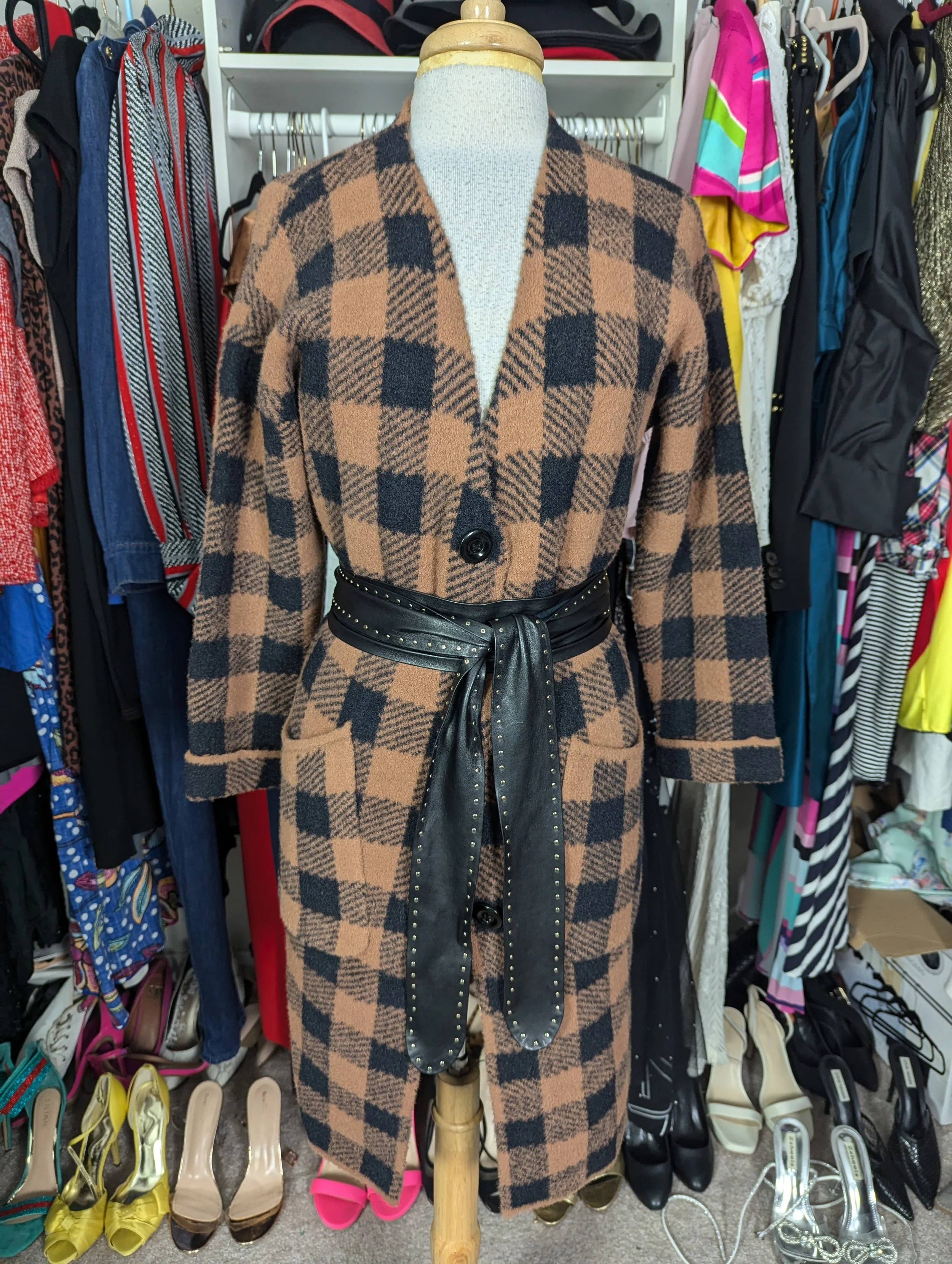 Black and Brown Plaid Sweater Duster -S/M