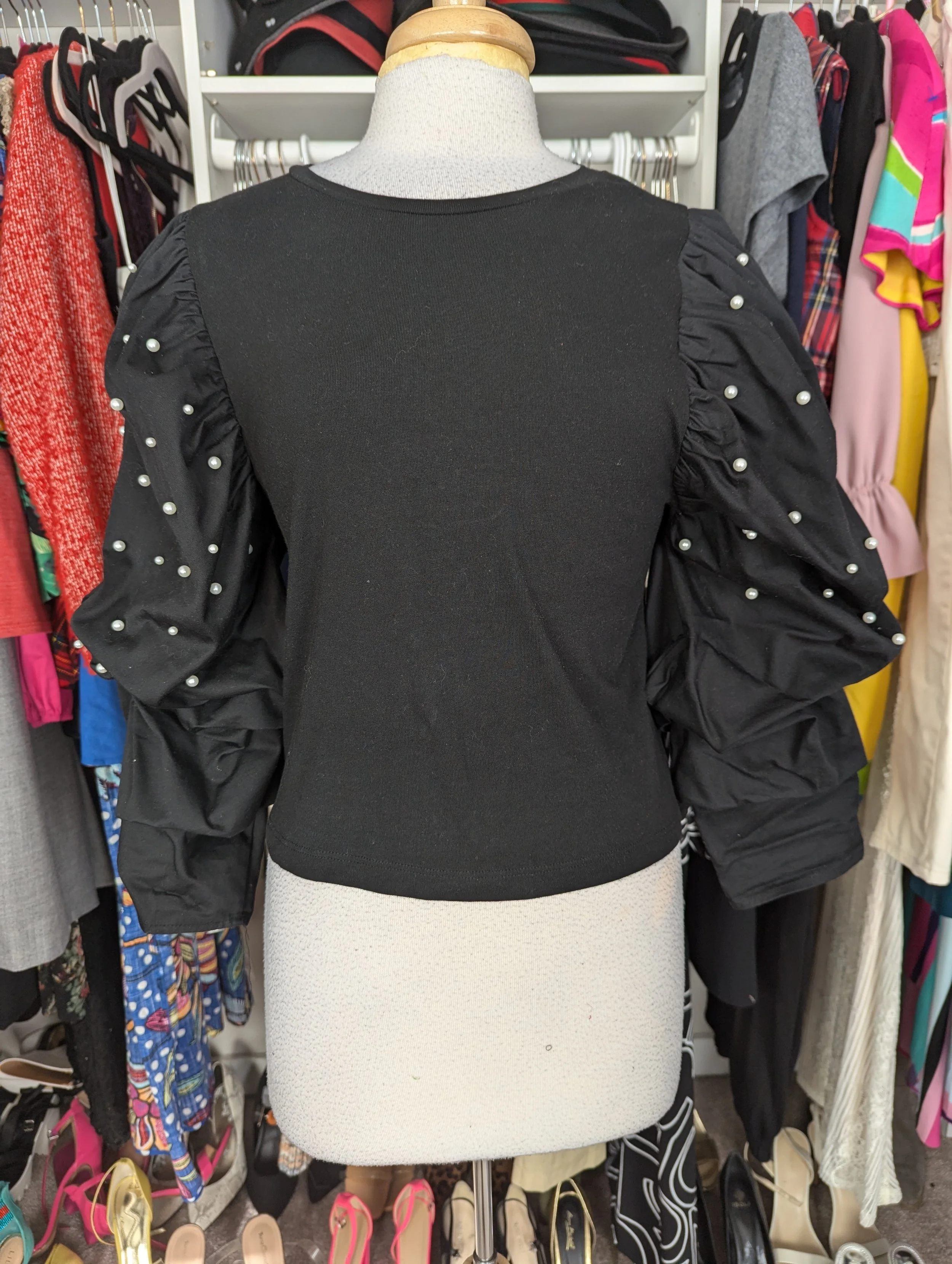 Zara Black Puff Pearl sleeve Top - Medium