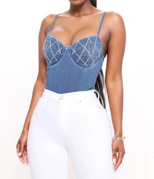 NEW Forever 21 Denim Bodysuit with Bling Size L Fits 8-10