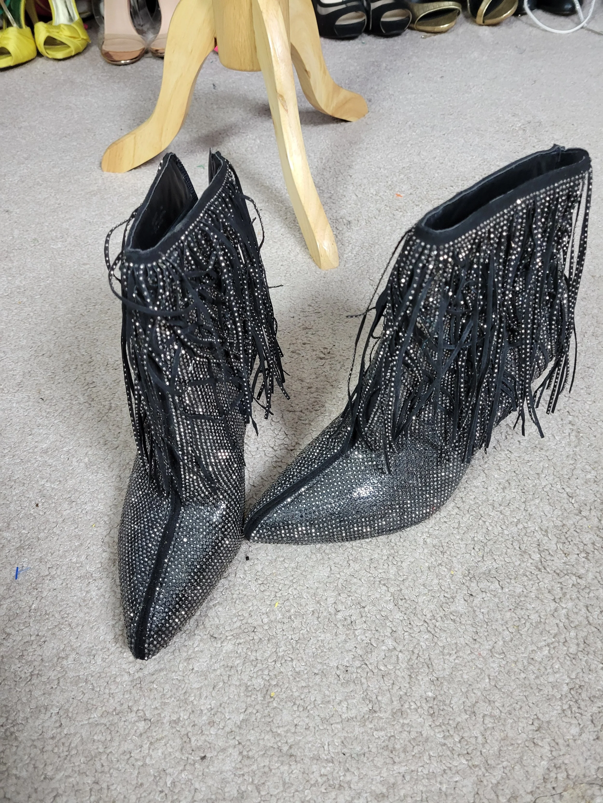 New Black Sparkle Fringe Boots Size 8