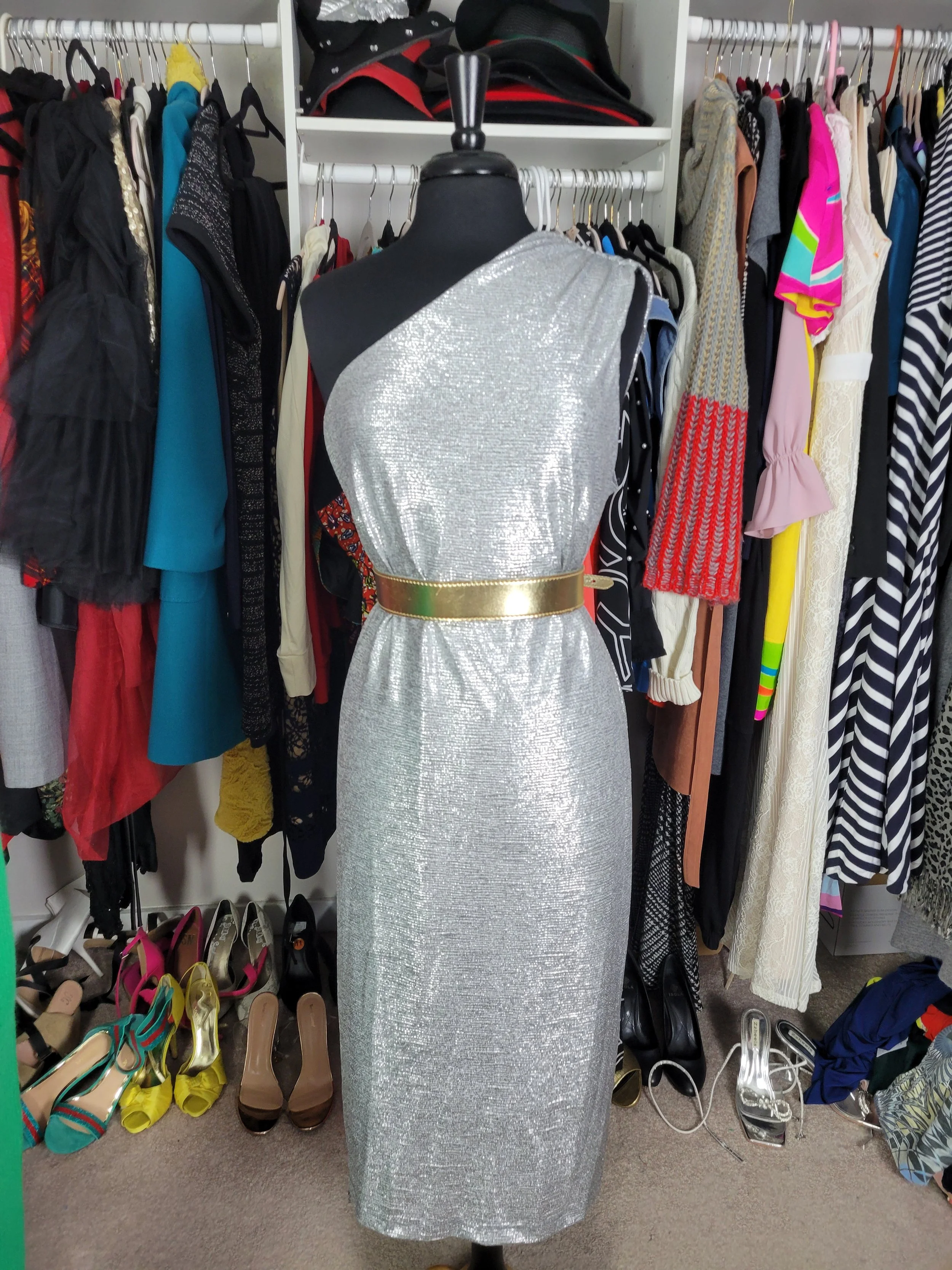 Metallic Silver One Shoulder Dress Size 16