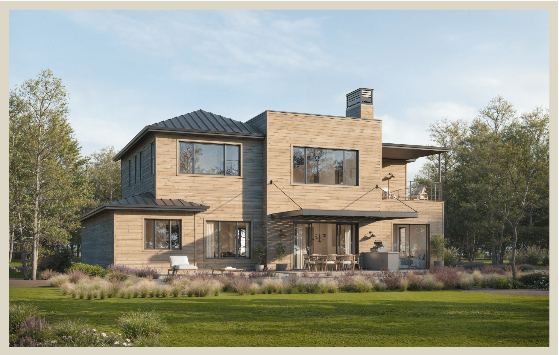 A modern, multi-story house with wooden siding, large windows, and a patio area featuring outdoor furniture, situated in a landscaped yard with trees and shrubs.