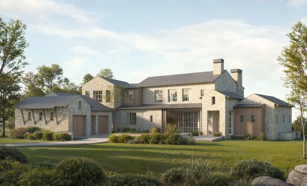 Large stone house with multiple sections, metal roofs, and surrounding green lawn and trees.