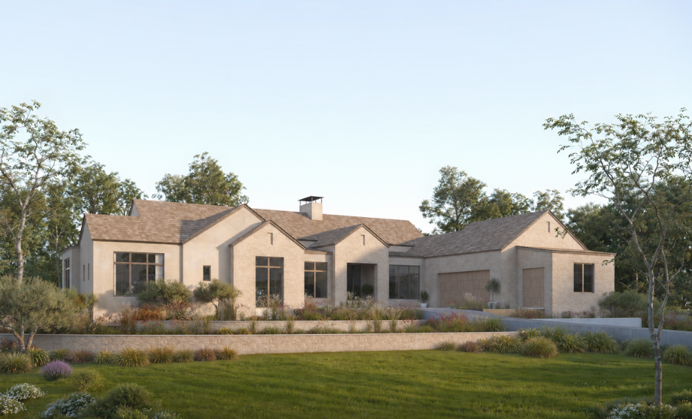 A modern residential house in Travis Club with a beige exterior, surrounded by a landscaped lawn and trees, under a clear blue sky.