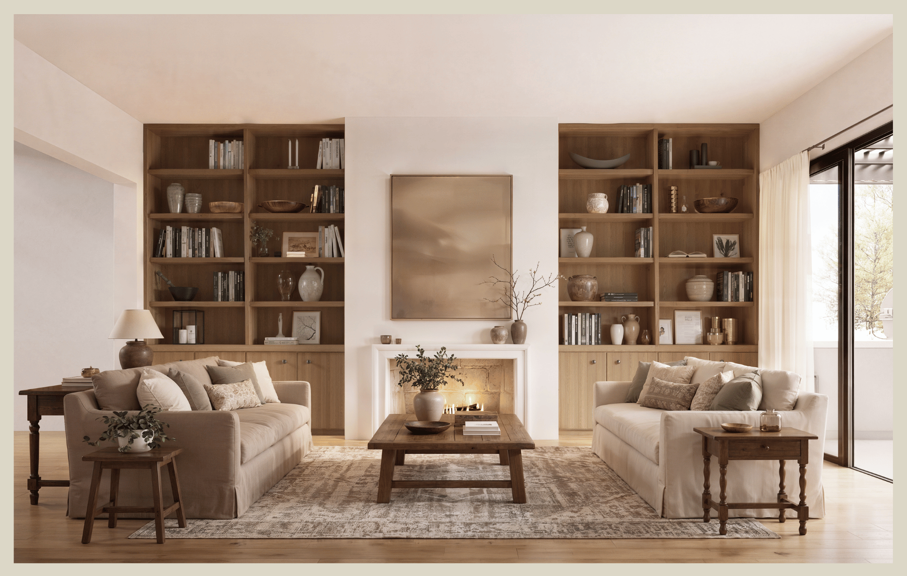 Living room with two beige sofas, wooden coffee table, fireplace, and built-in wooden bookshelves with decorative objects and books, illuminated by natural light from large window and glass door.