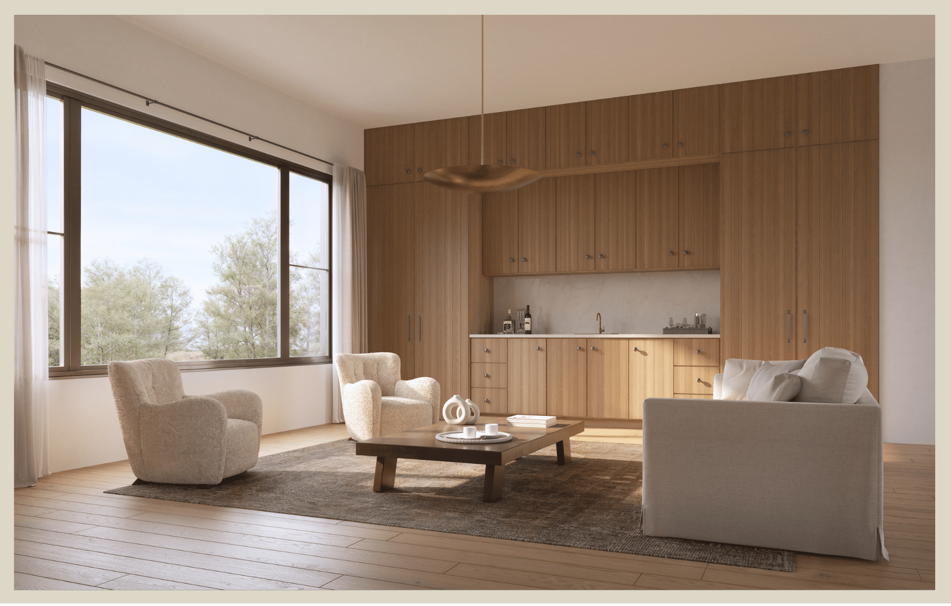 Living room with large window, wooden cabinets, beige armchairs, a gray sofa, coffee table with decorative objects, and a view of trees outside.