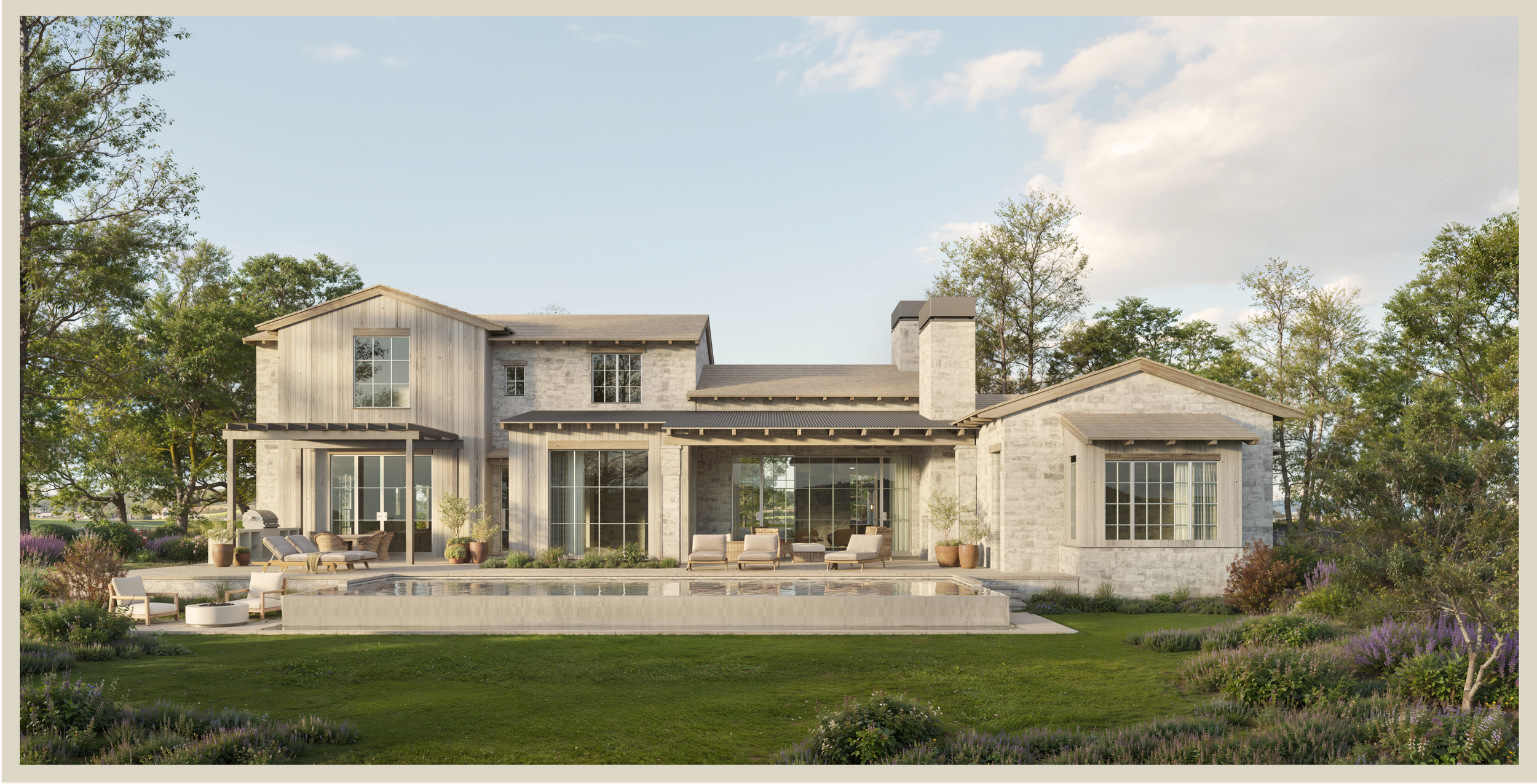 Modern two-story house with large glass windows, surrounded by a landscaped yard with outdoor furniture, trees, and flowering plants, under a partly cloudy sky.