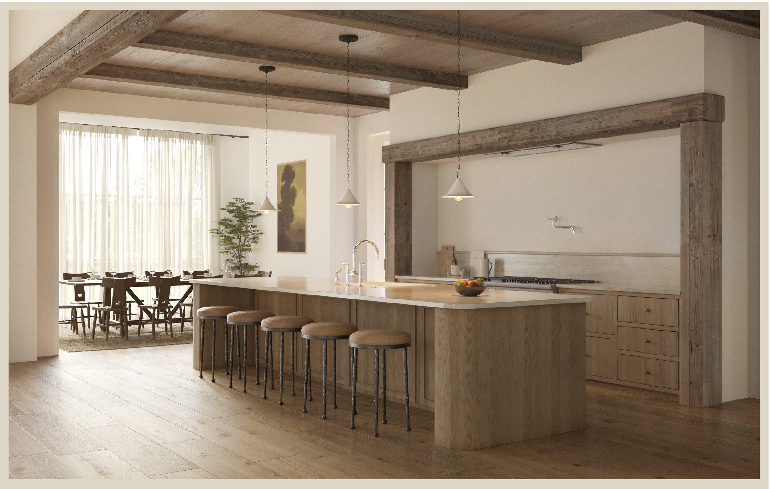 Modern kitchen with wooden island, bar stools, pendant lights, and open dining area with large window and curtains.