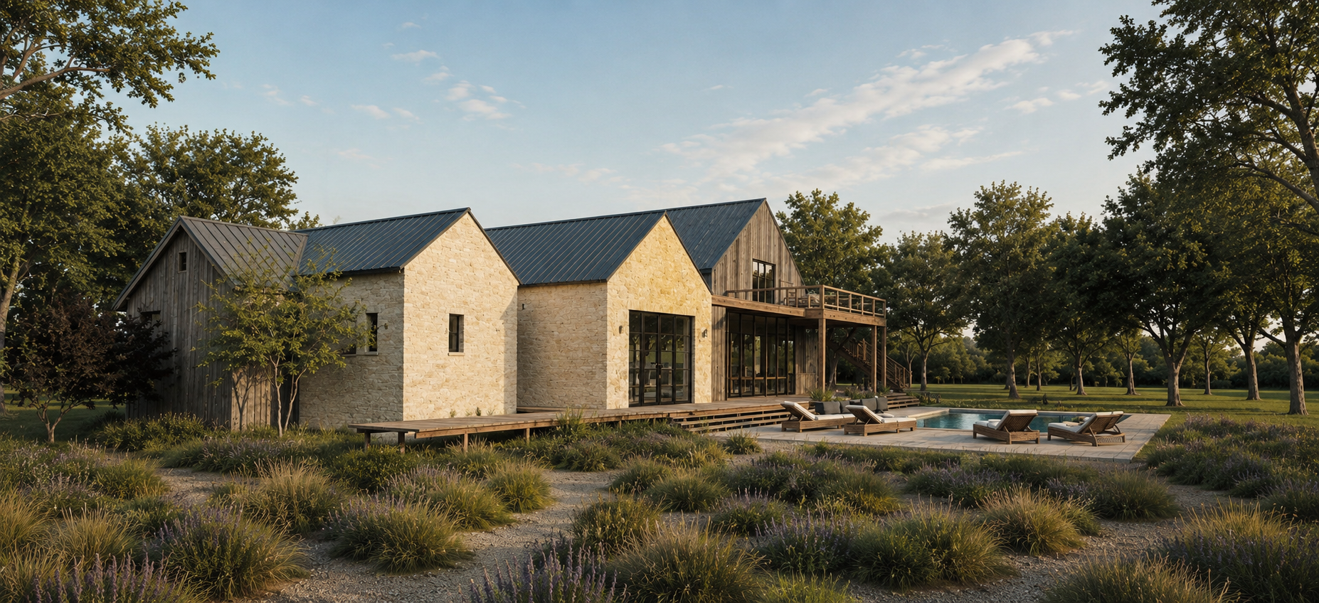 Modern house with stone and wood exterior, glass doors, surrounded by trees and a lavender garden, with a swimming pool and lounge chairs outside.