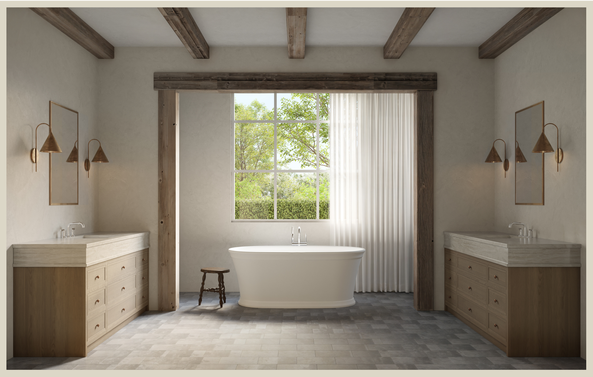 A bathroom featuring a central freestanding bathtub with a stool in front of a large window, flanked by two wooden cabinets with sinks, and illuminated by wall sconces with cone-shaped shades on either side.