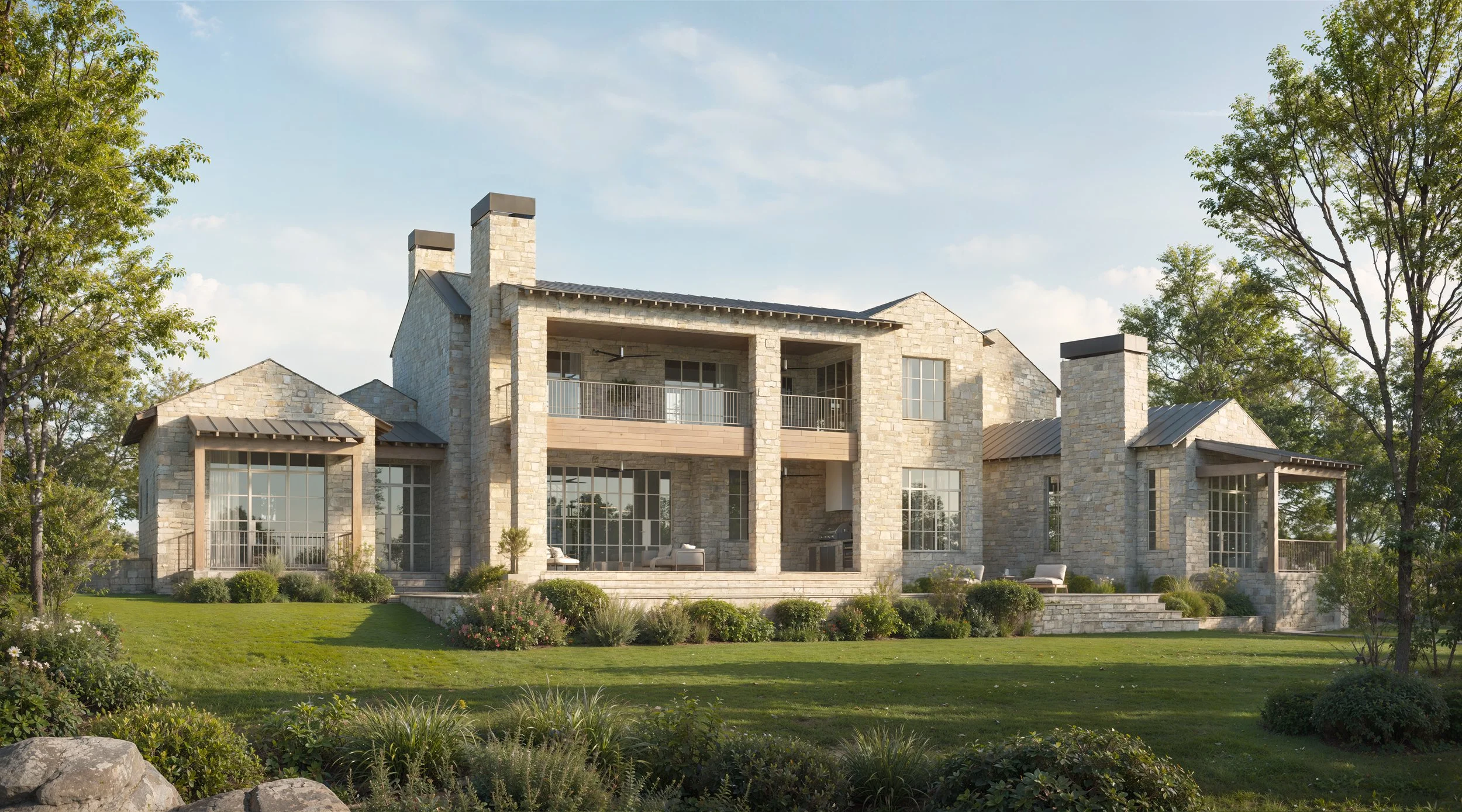 Large stone house with multiple levels, large windows, and a spacious porch surrounded by green landscaping and trees under a blue sky.