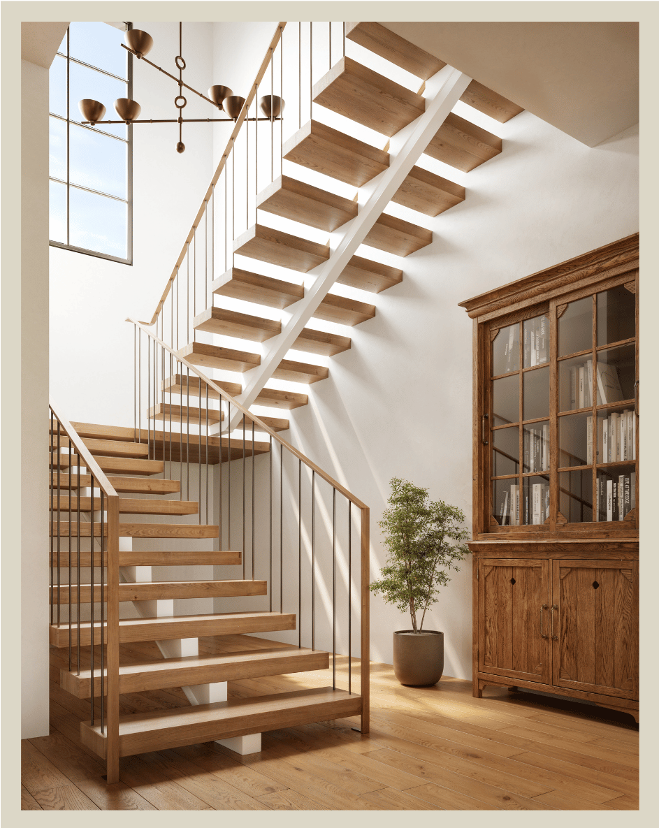 Indoor view of a modern staircase with open wooden steps and metal railings, next to a large window allowing natural light, with a wooden bookshelf with glass doors and a small potted plant in a cozy home interior.