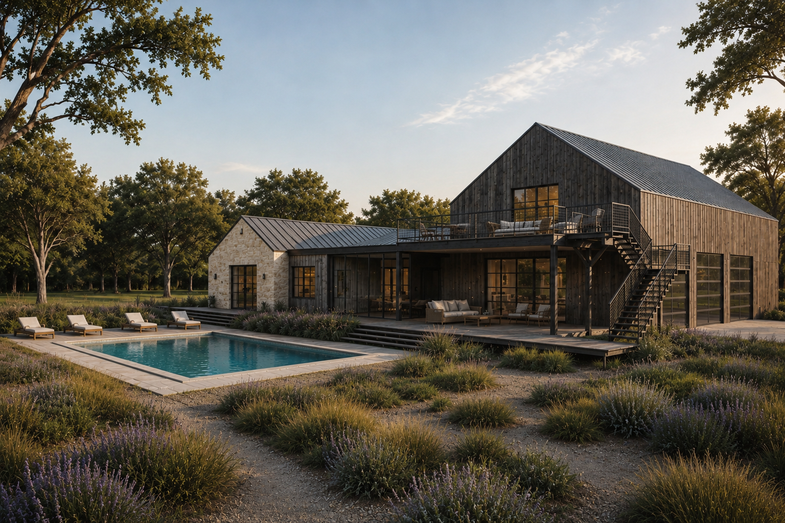 Modern two-story house with a large wooden deck, outdoor seating, a swimming pool, and a garden with purple flowers, surrounded by trees at sunset.