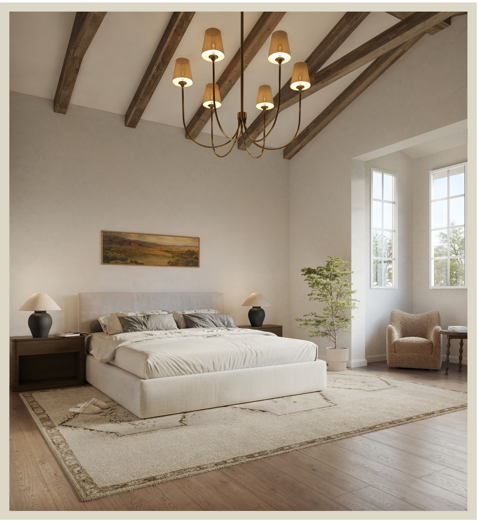 A bedroom with a large bed, nightstands with lamps, a framed landscape picture on the wall, a patterned area rug, a small potted plant, and a beige armchair near windows with white frames. The ceiling has wooden beams and a chandelier.
