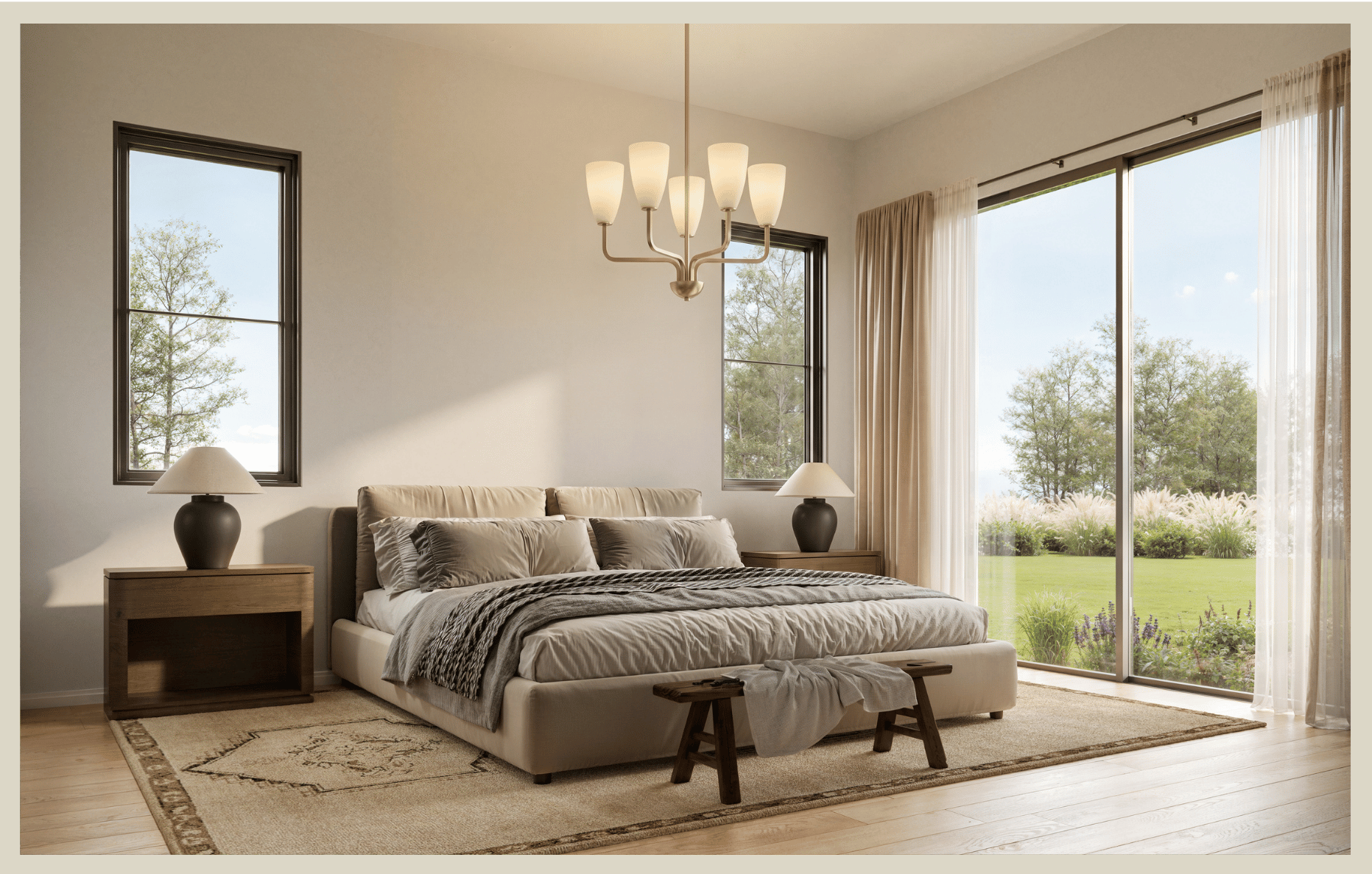 A bedroom with a large bed, two bedside tables with lamps, large windows with curtains, and a view of a garden and trees outside.