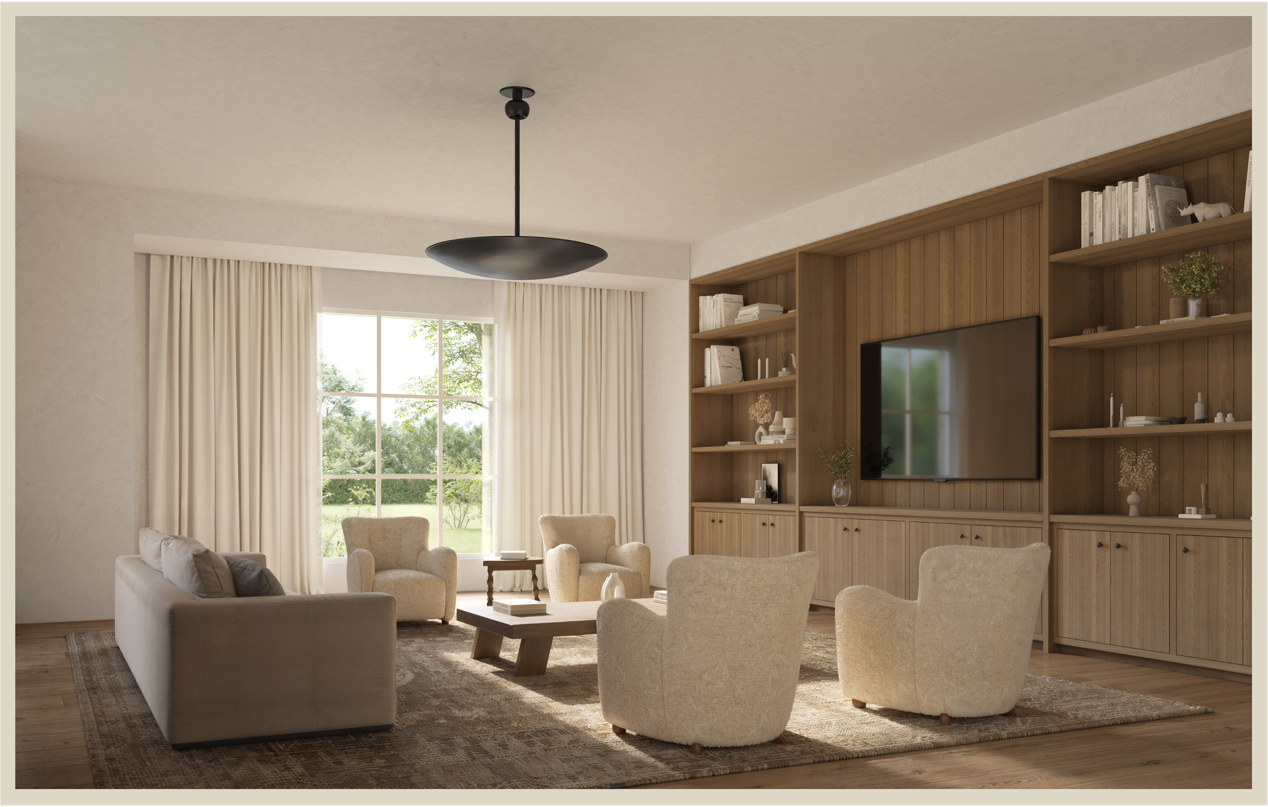 Living room with beige couches, cream armchairs, a wooden coffee table, a large window with cream curtains, and a built-in wooden shelf with decorations and a flat-screen TV.