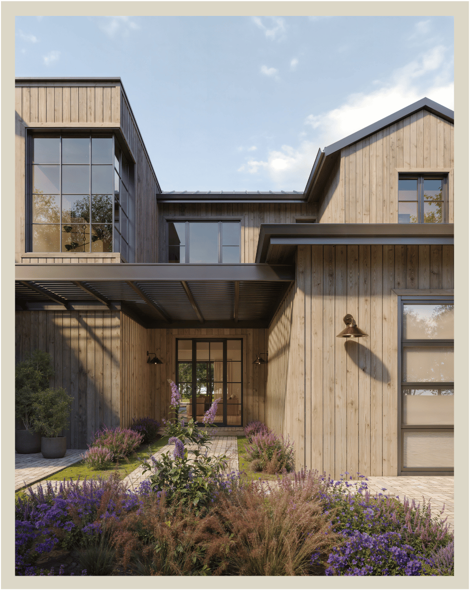 Modern house with wooden exterior and large windows, surrounded by a landscaped garden with purple and green plants.