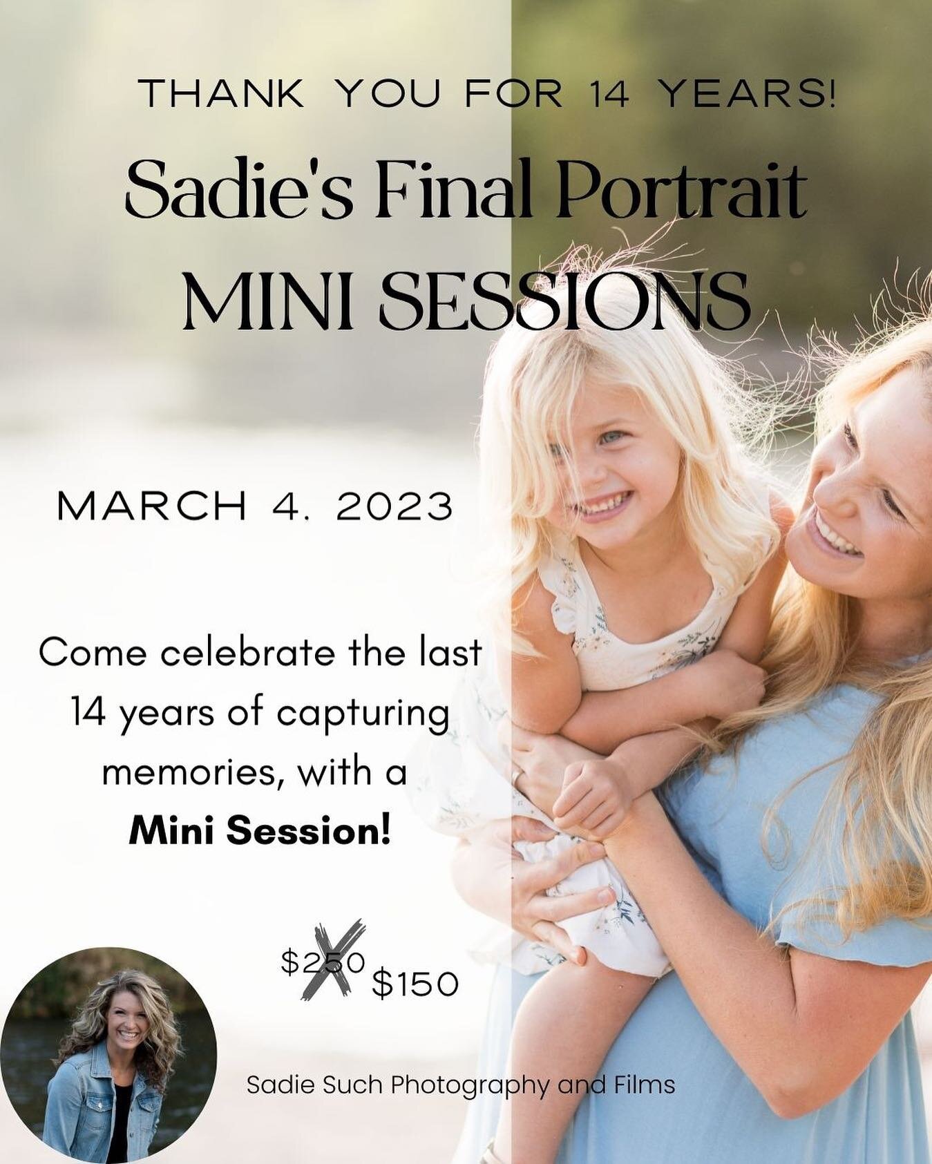 THANK YOU  for an amazing 14 years of running Sadie Such Photography and Films! 😮❤️ @sadiesuchfilms 

To celebrate, I am doing discounted rate for mini sessions on Saturday, March 4th!

✨ Normally $250 ... final celebration rate of $150! ✨

From cou