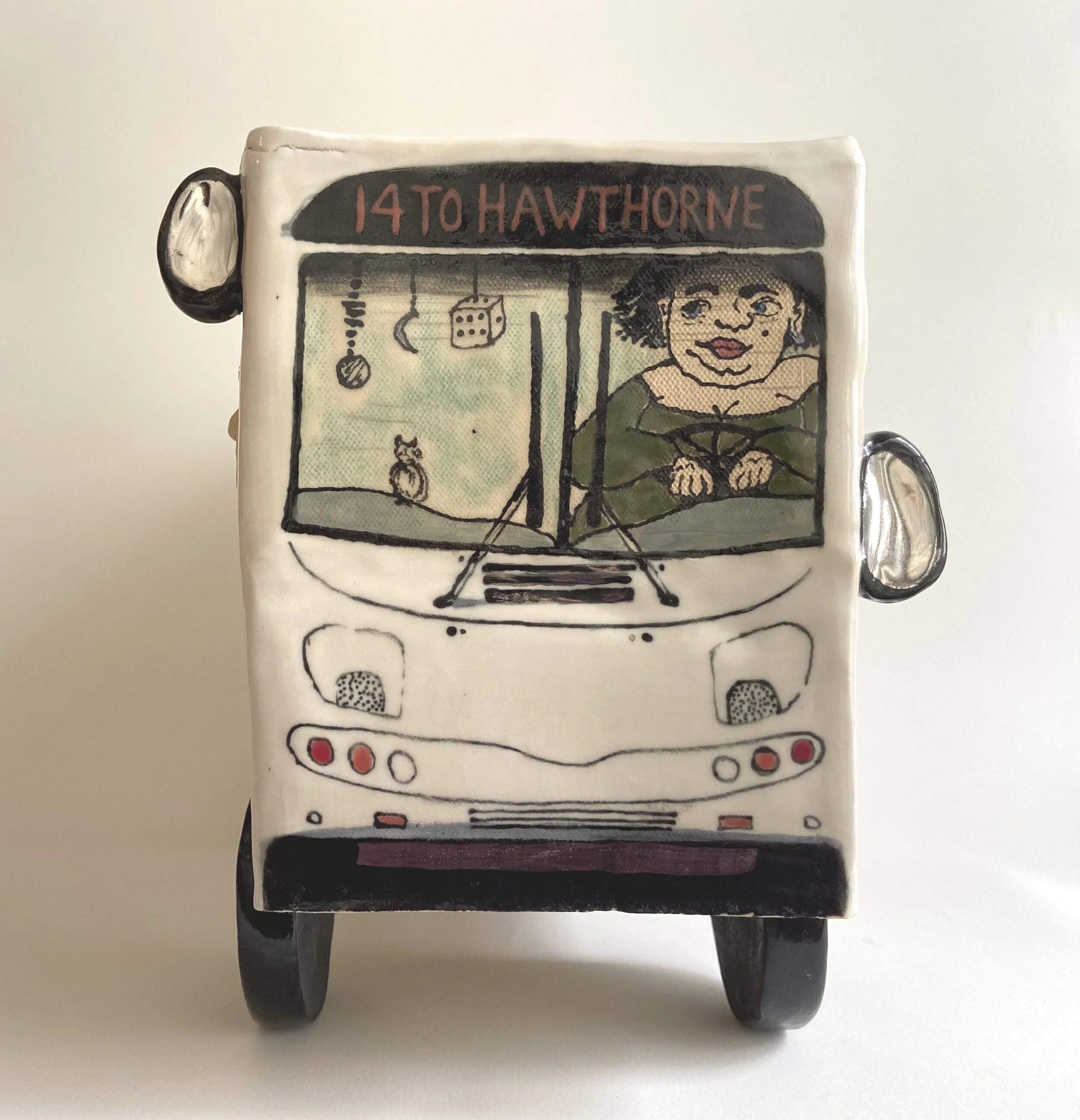  Painted Ceramic Bus, 12.5” x 7” x 9” 