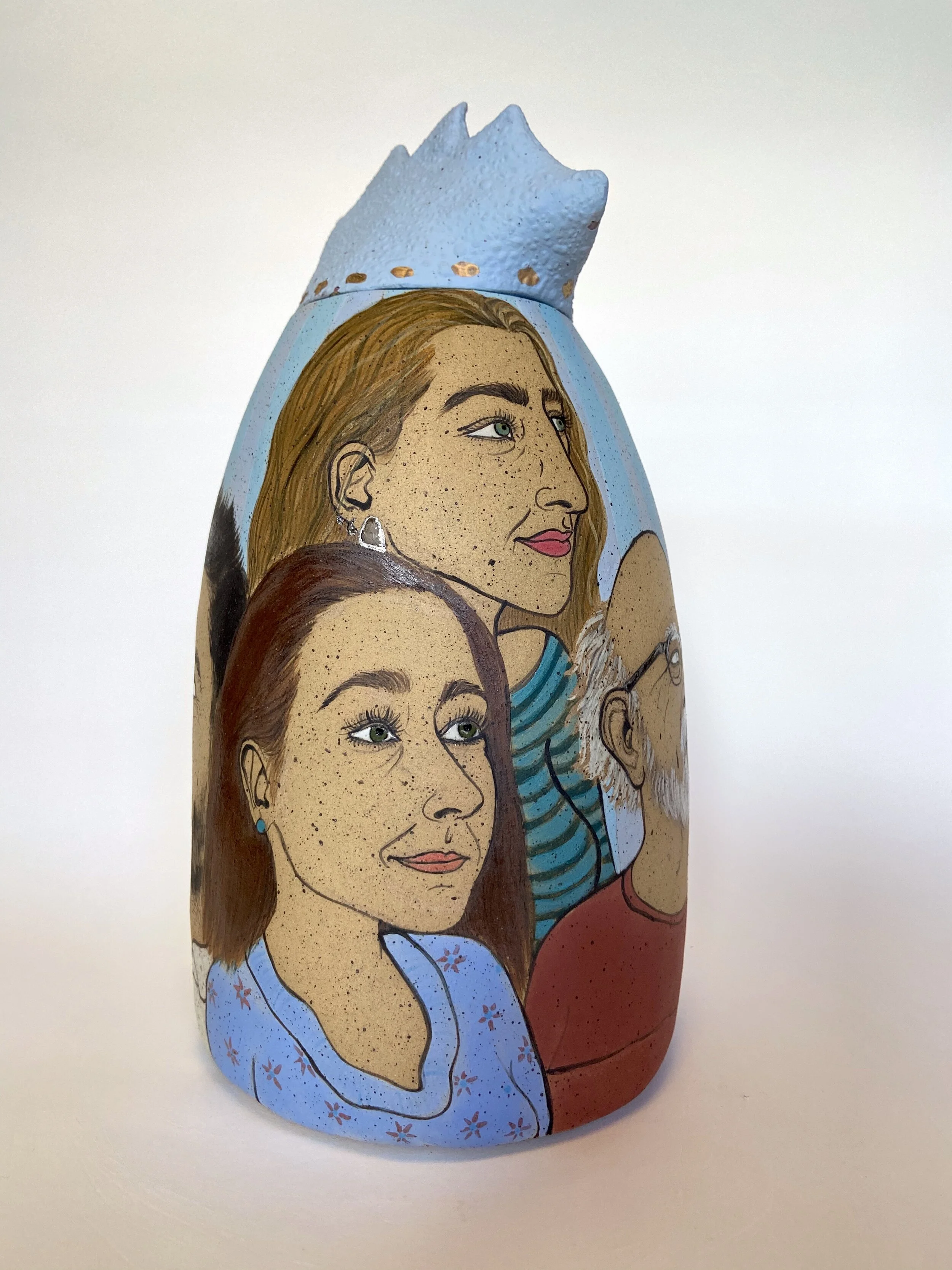 Painted ceramic urn, 7” x 7” x 12”