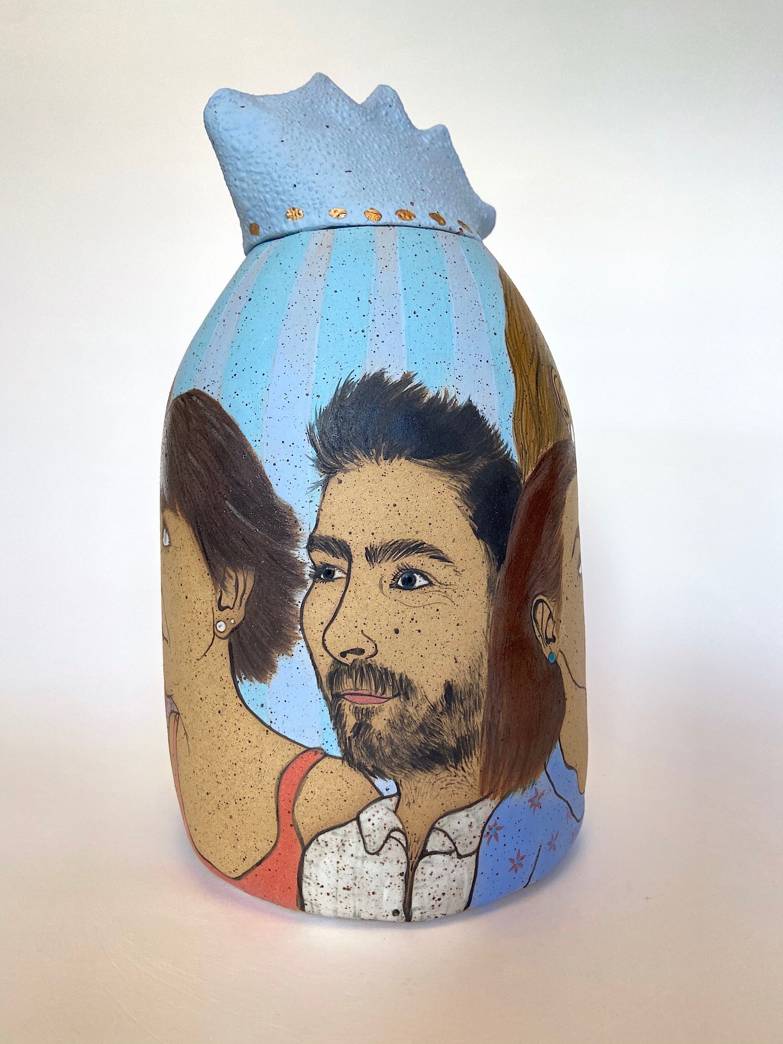 Painted ceramic urn, 7” x 7” x 12”