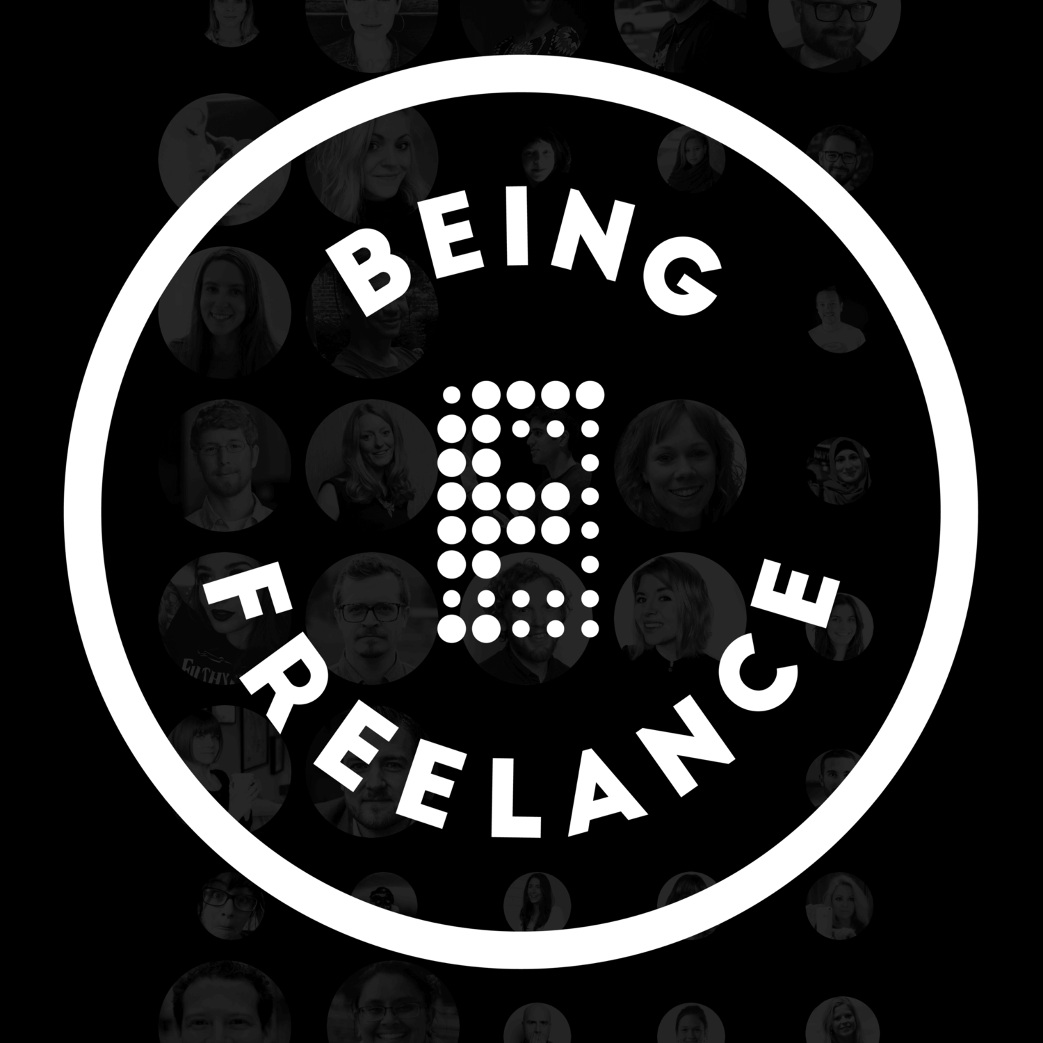 A circular logo with a collage of black-and-white photos of people in the background. In the center, there is a large number 13 made of white dots. Surrounding the number are the words "Being FreeLance" in a circular layout, also in white.