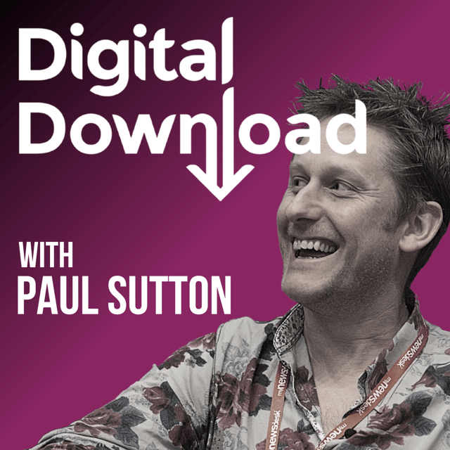 Promotional graphic for a digital download event with Paul Sutton, featuring a smiling man with spiky hair wearing a floral shirt and a lanyard on a purple background.